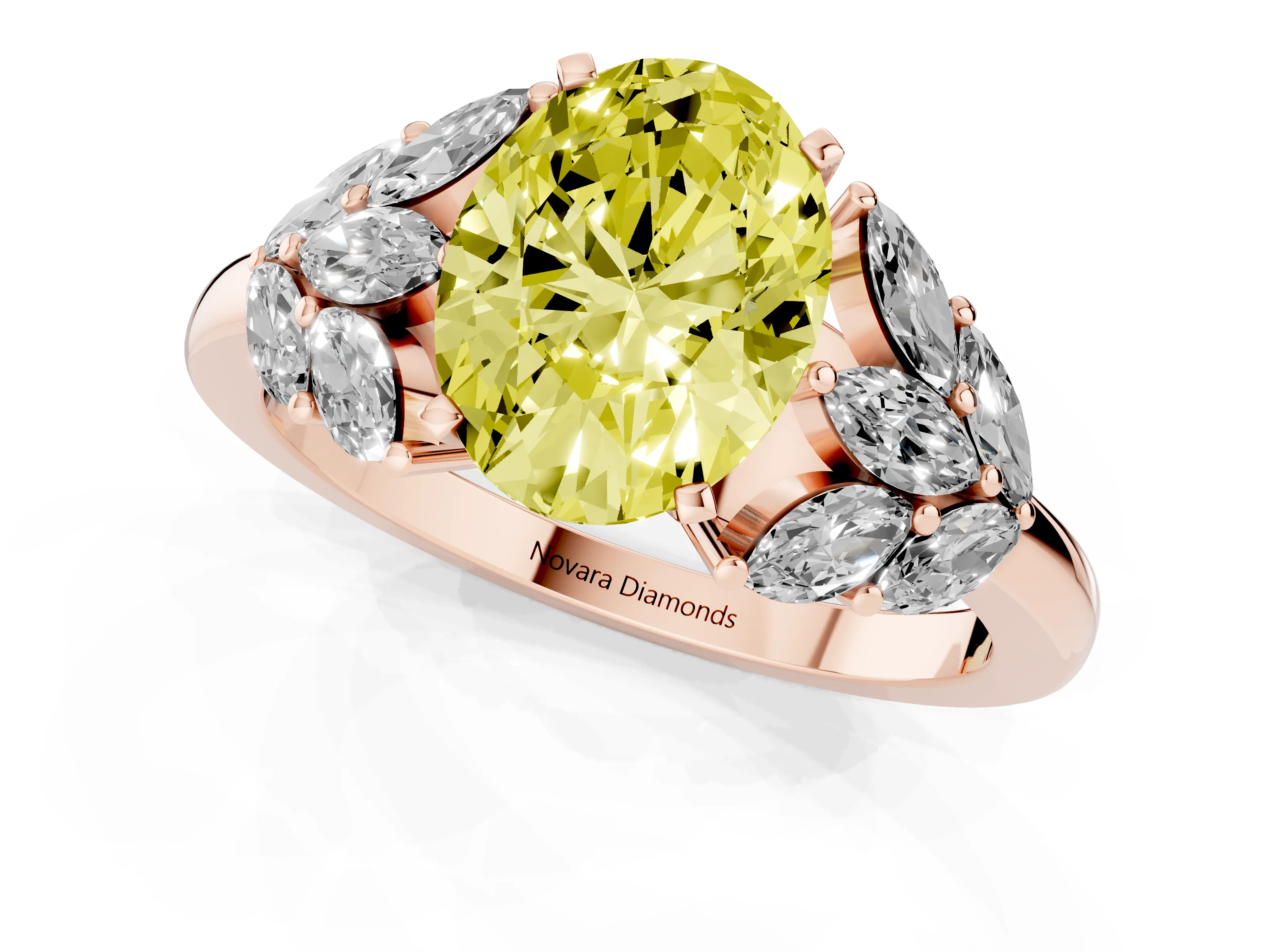 Fancy Yellow Oval Cut Diamond Cluster Leaf Design Ring Set in Rose gold with Prong Setting