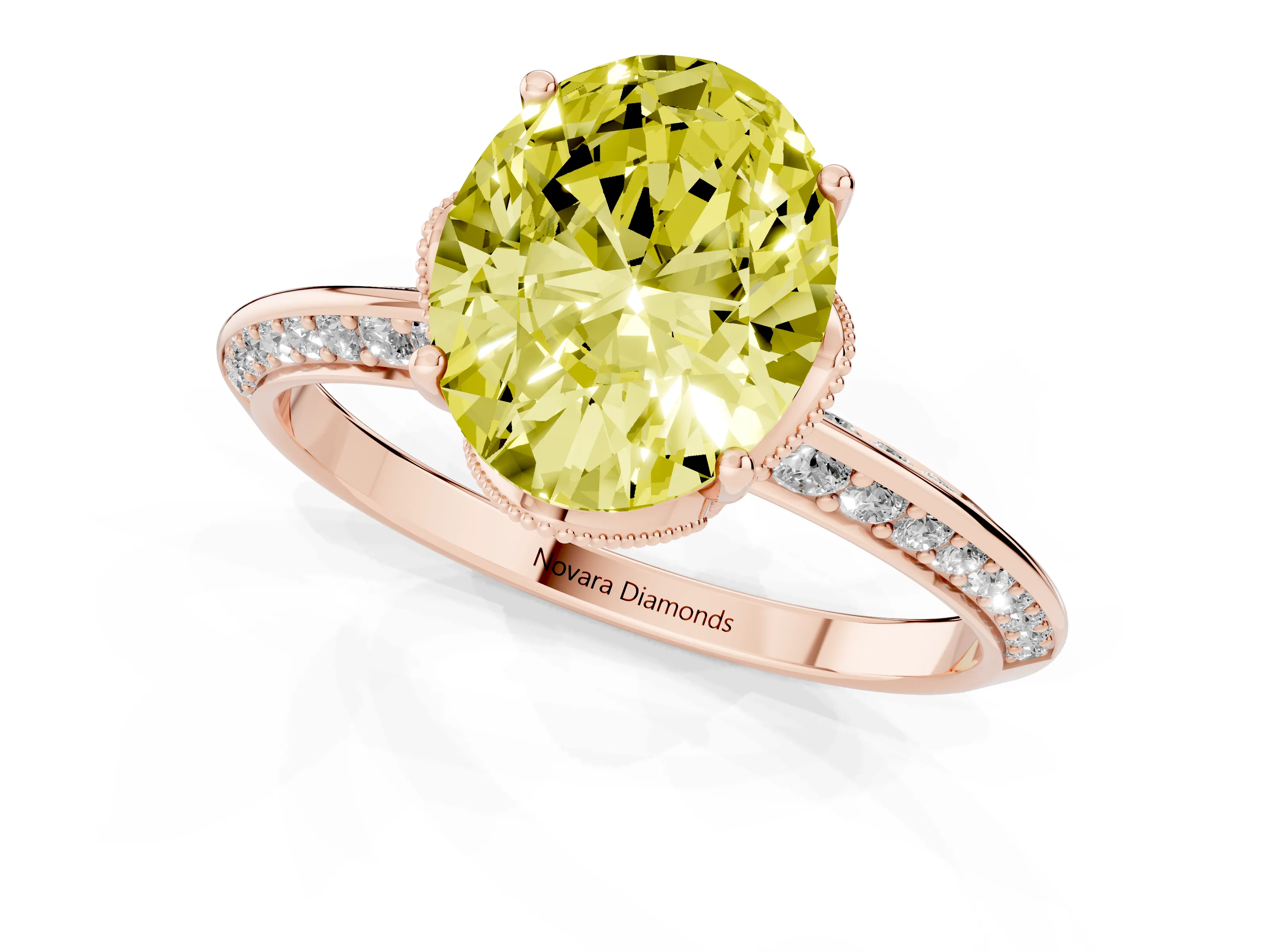 Fancy Yellow Oval Cut Diamond Solitaire Engagement Ring Set in Rose gold with Pavé Split Shank and Prong Setting