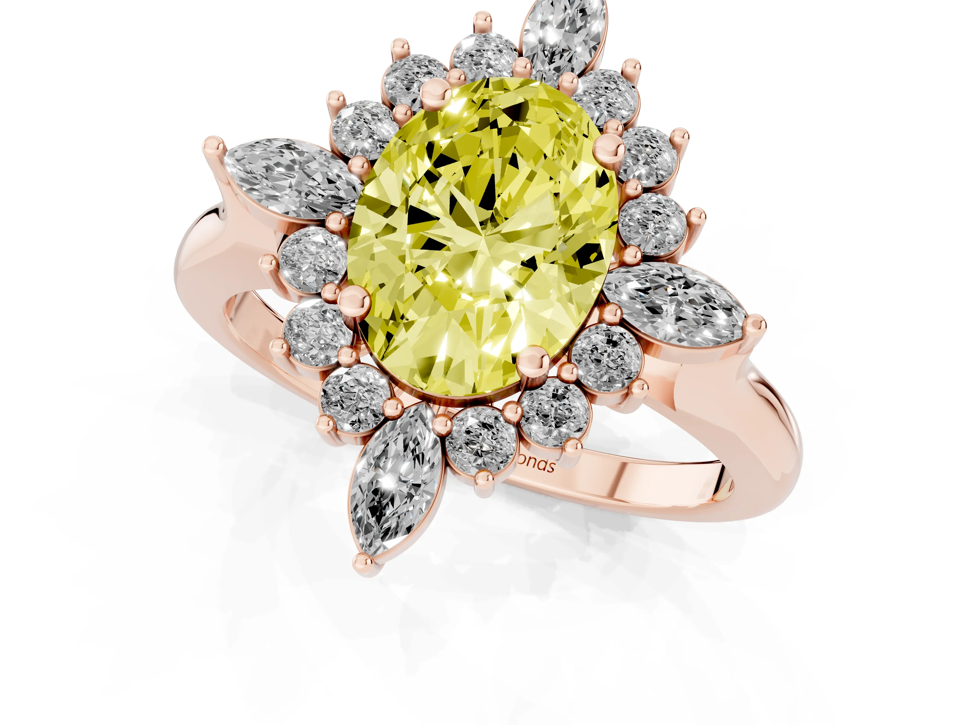 Fancy Yellow Oval Cut Diamond Cluster Halo Ring Set in Rose gold with Marquise and Round Accents