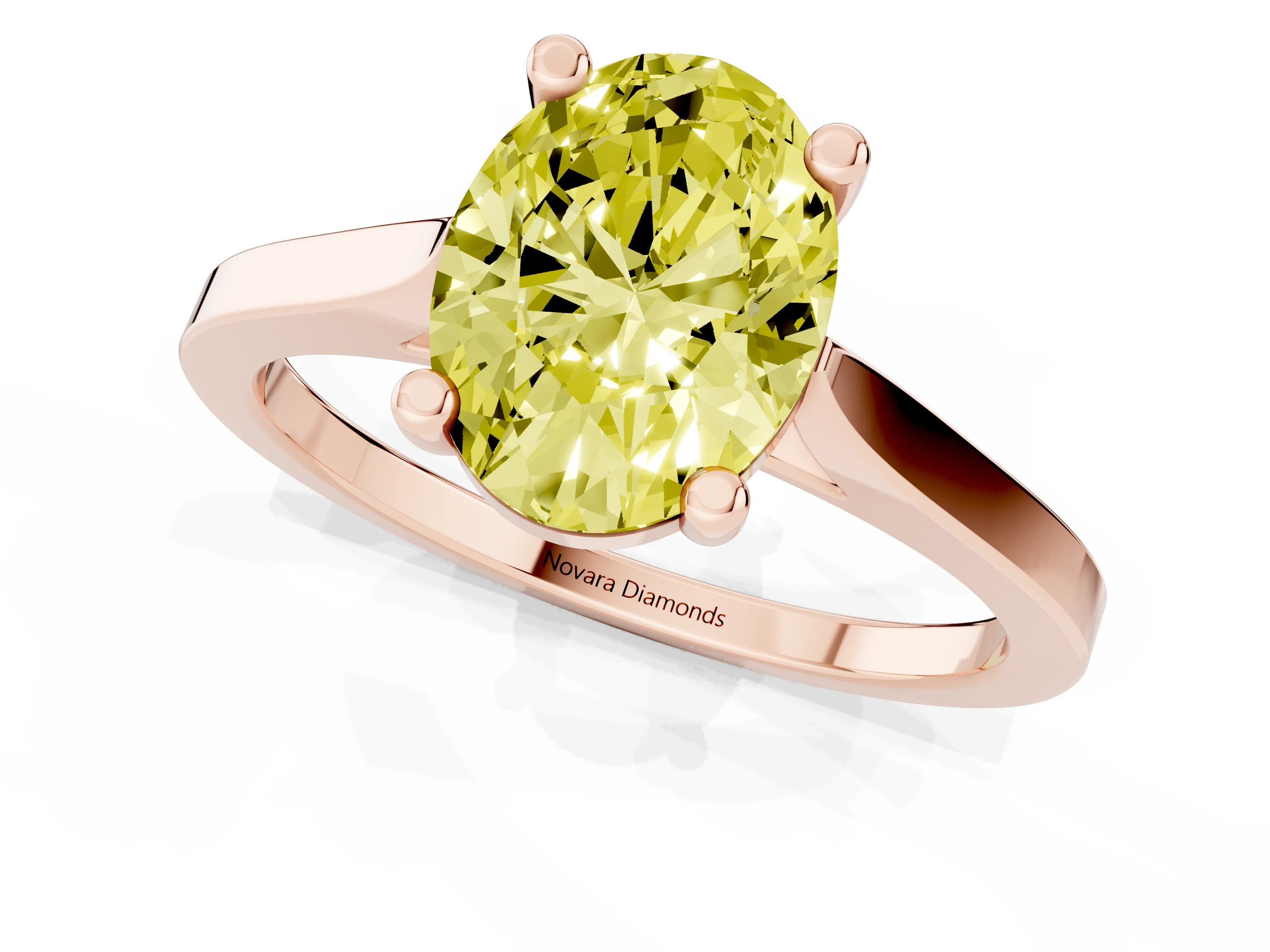 Fancy Yellow Oval Cut Diamond Solitaire Ring Set in Rose gold with Prong Setting and Tapered Band