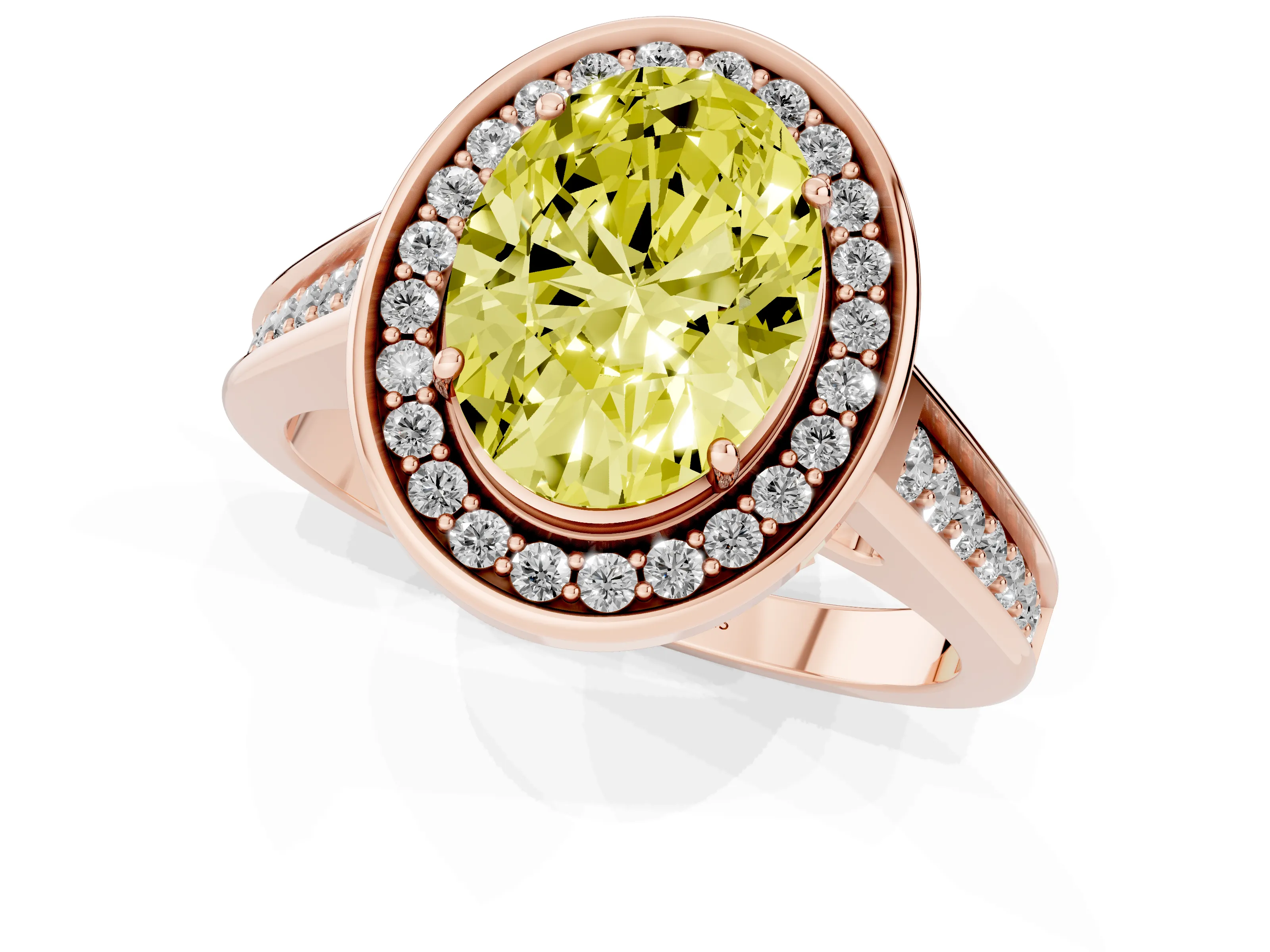Fancy Yellow Oval Cut Diamond Halo Solitaire Ring Set in Rose gold with Pavé Band and Bezel Setting