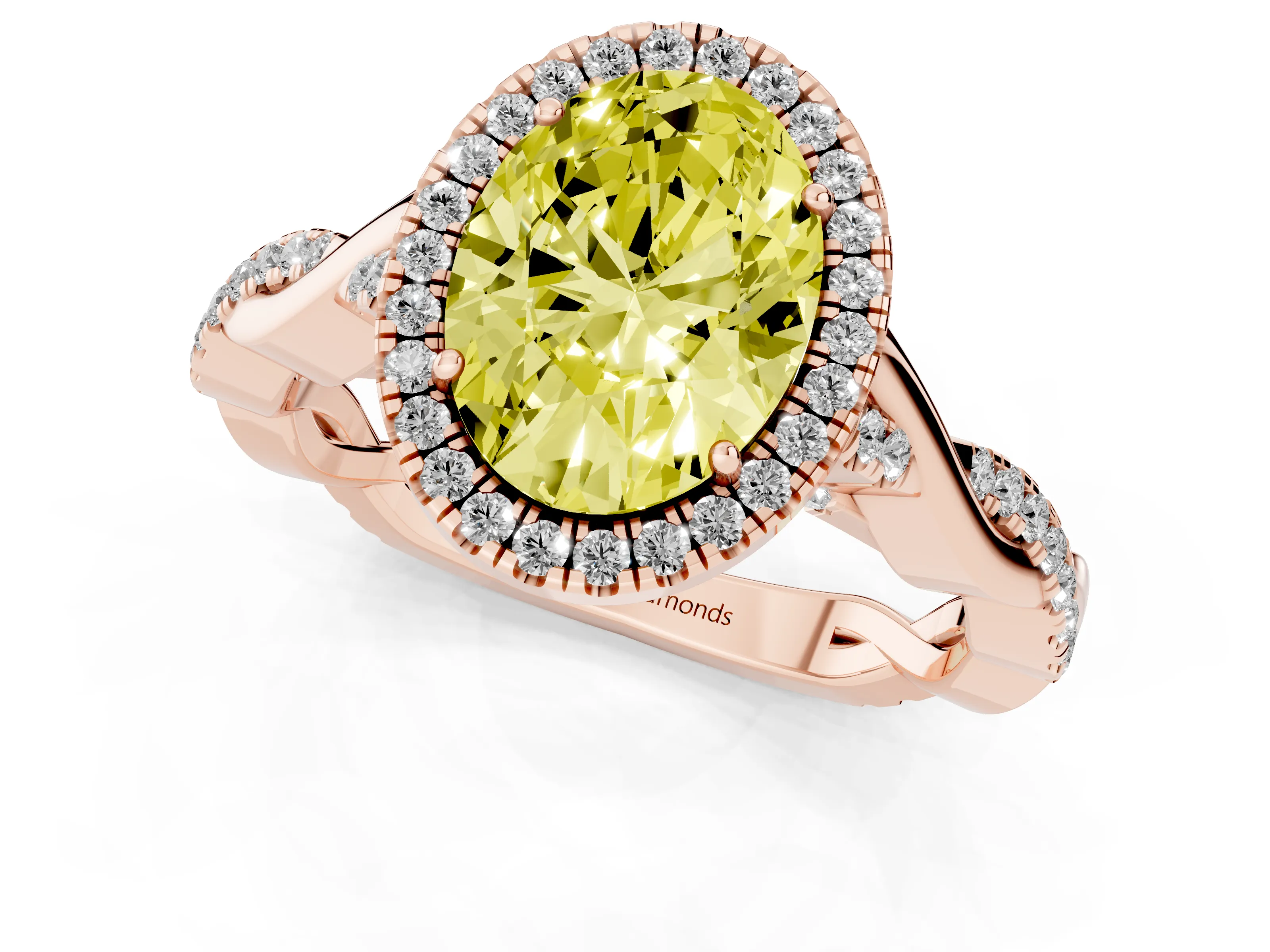 Fancy Yellow Oval Cut Diamond Halo Twist Band Solitaire Ring Set in Rose gold with Prong Setting