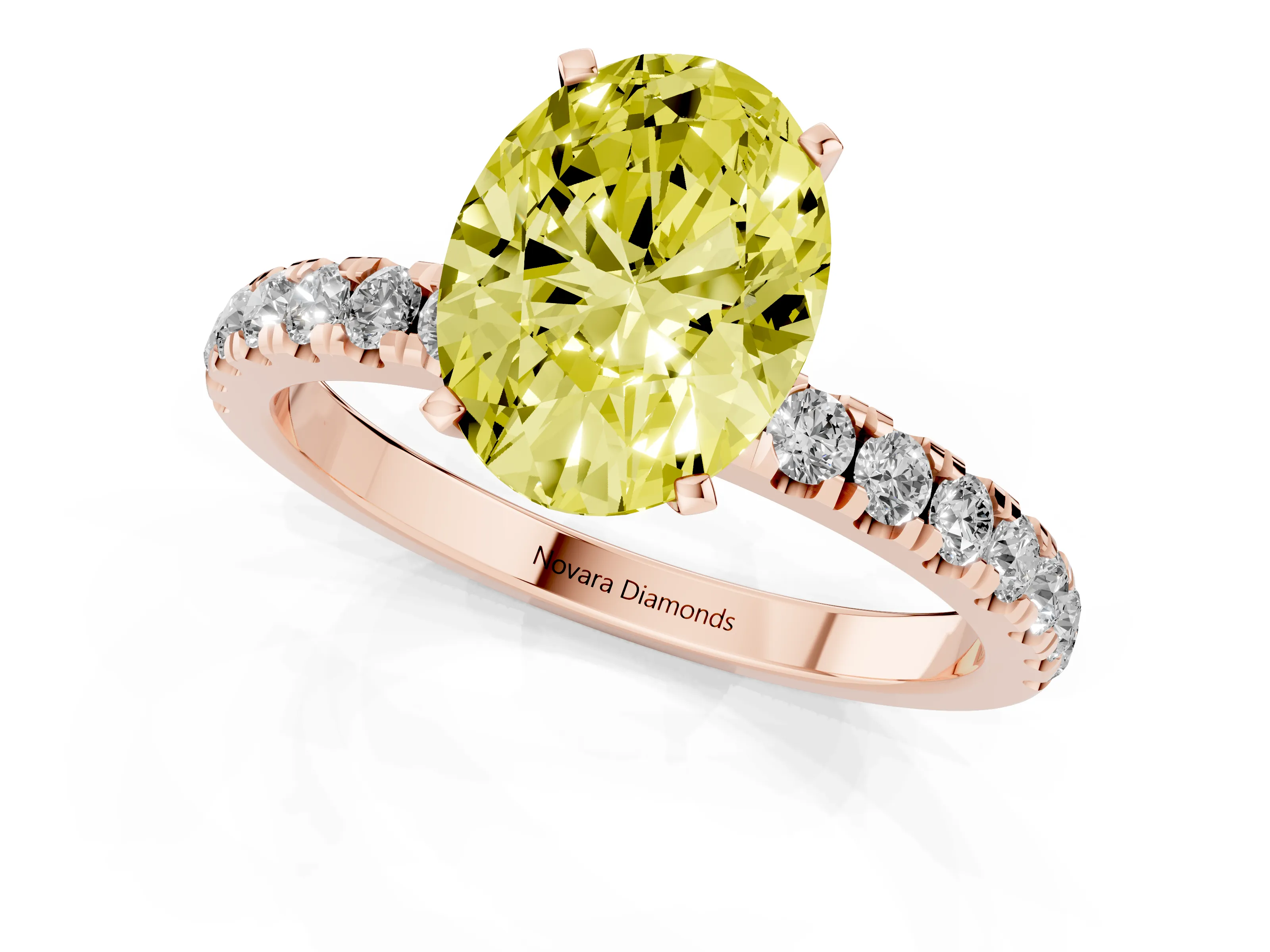 Fancy Yellow Oval Cut Diamond Solitaire Ring Set in Rose gold with Pavé Accents and Prong Setting