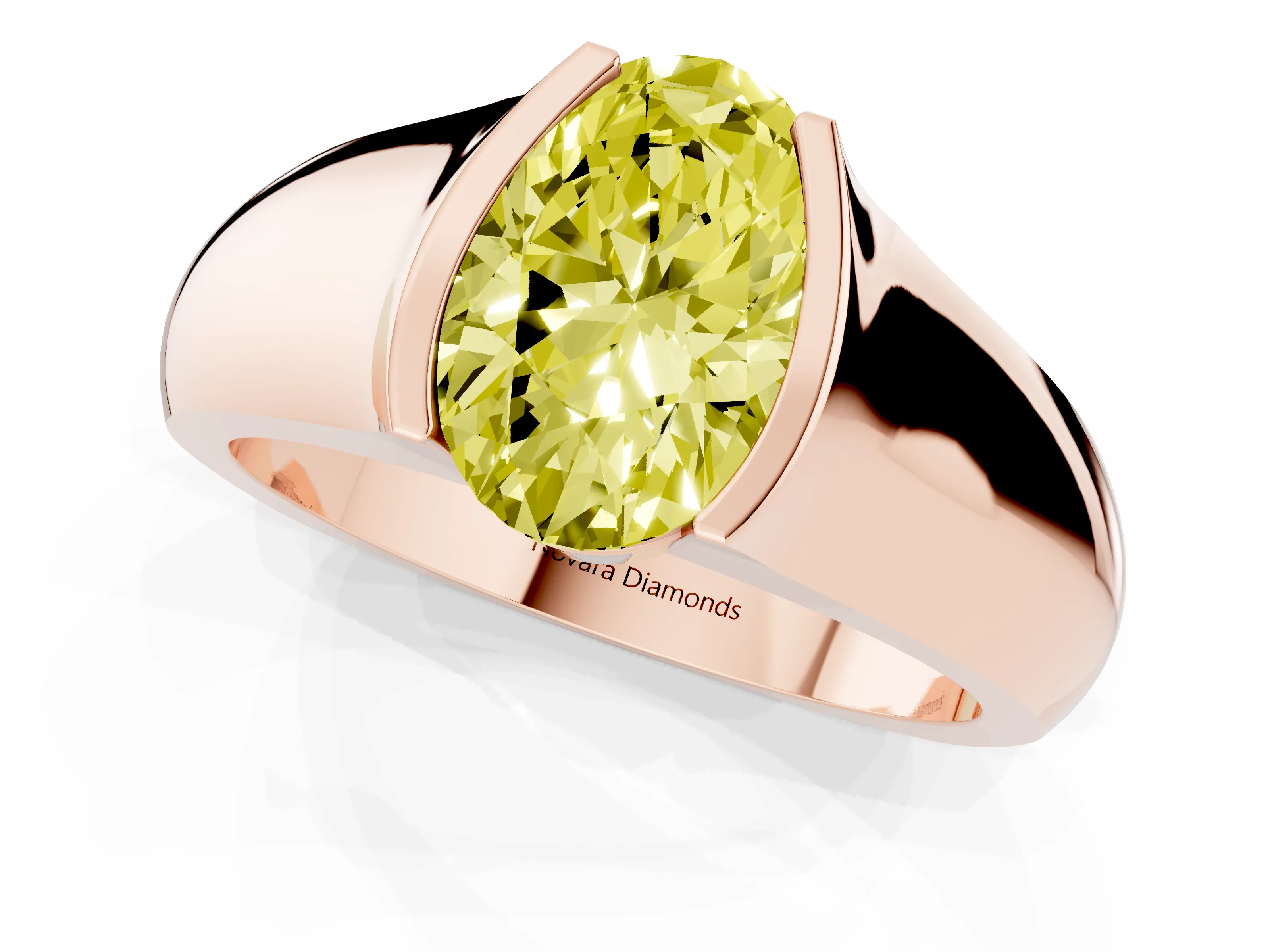 Fancy Yellow Oval Cut Diamond Bezel Solitaire Ring Set in Rose gold with Wide Band