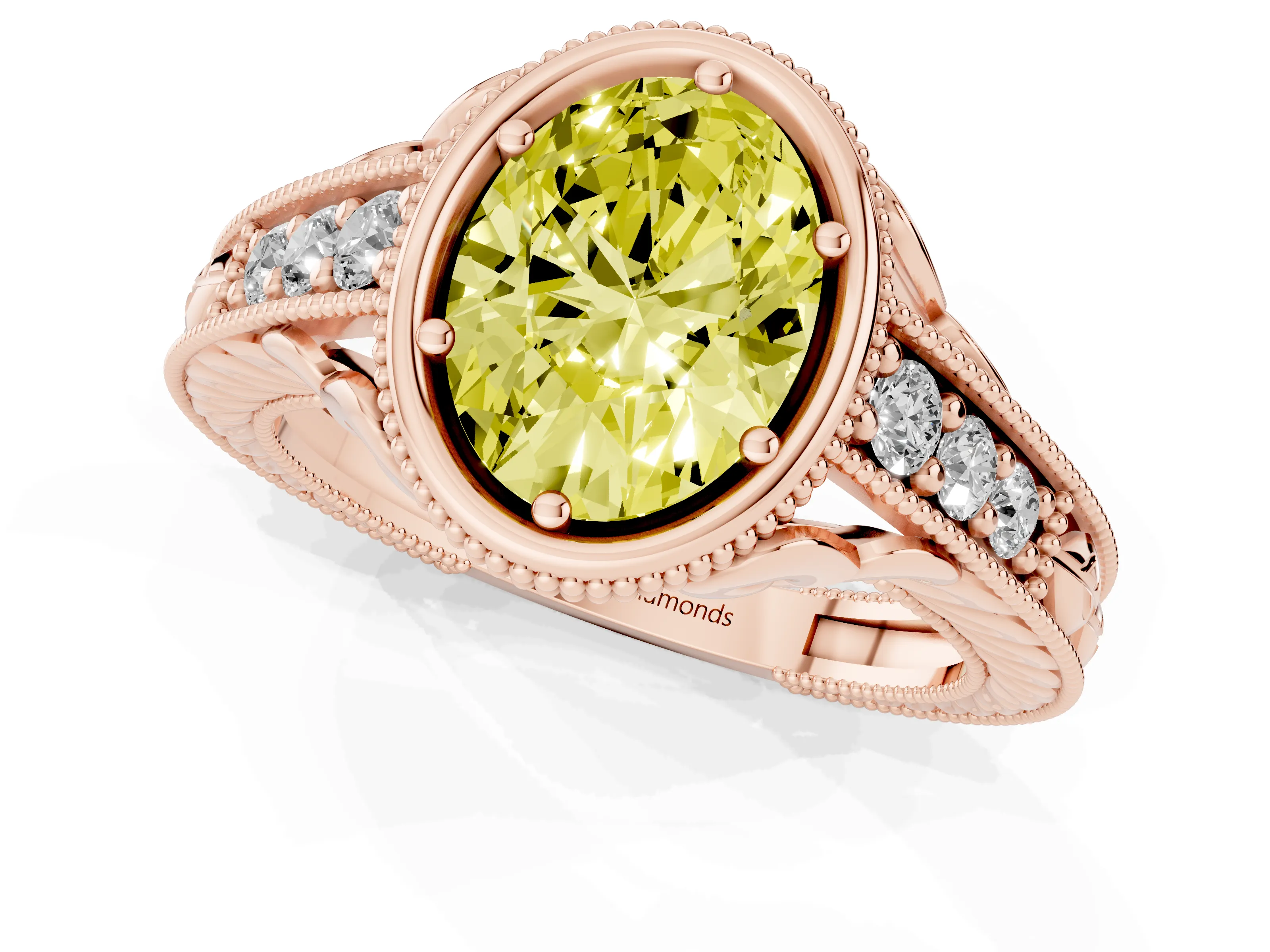 Fancy Yellow Bezel Set Oval Cut Diamond Milgrain Pavé Engagement Ring Set in Rose gold