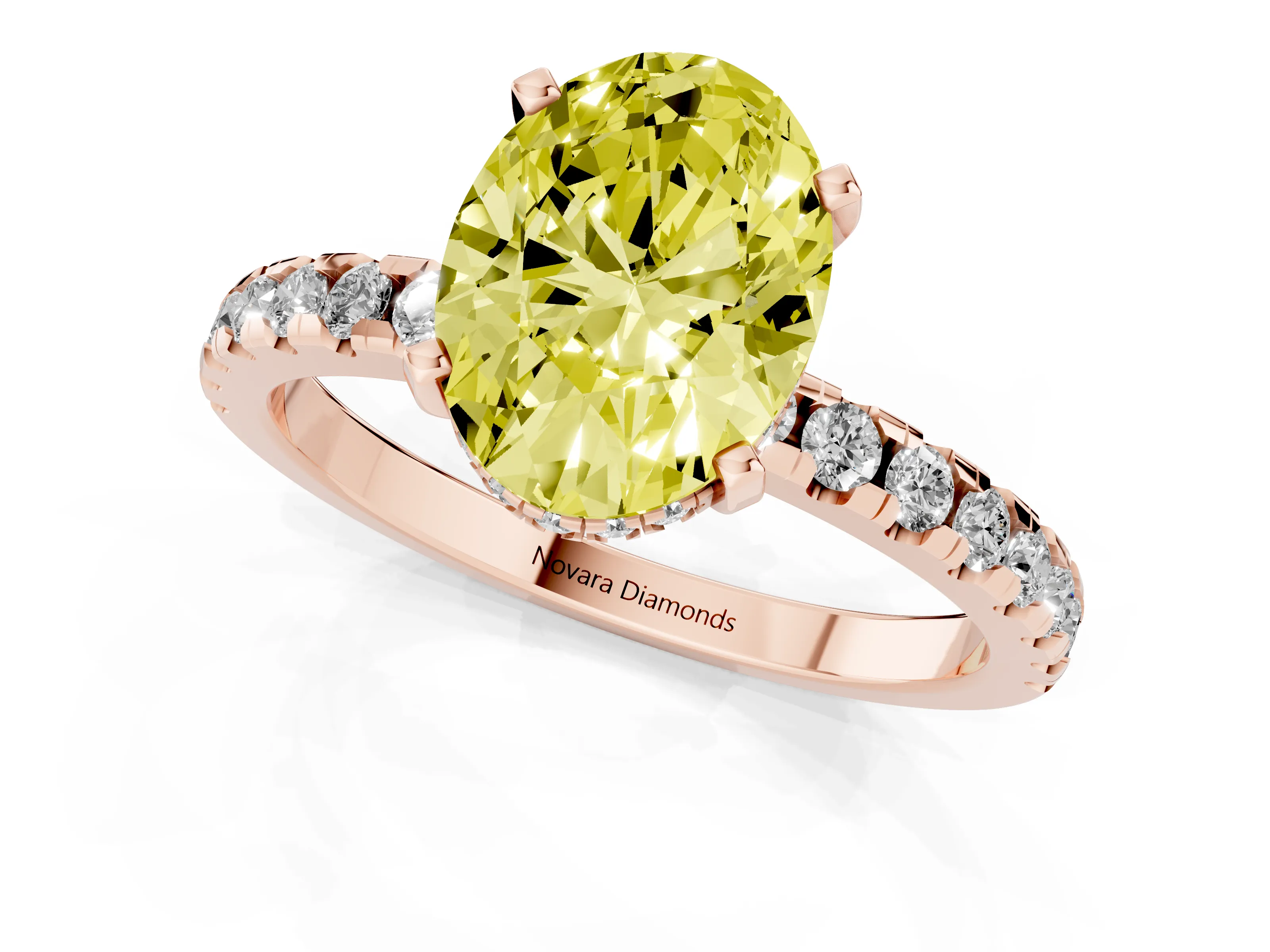 Fancy Yellow Oval Cut Diamond Pavé Solitaire Ring Set in Rose gold with Round Band Accents and Prong Setting