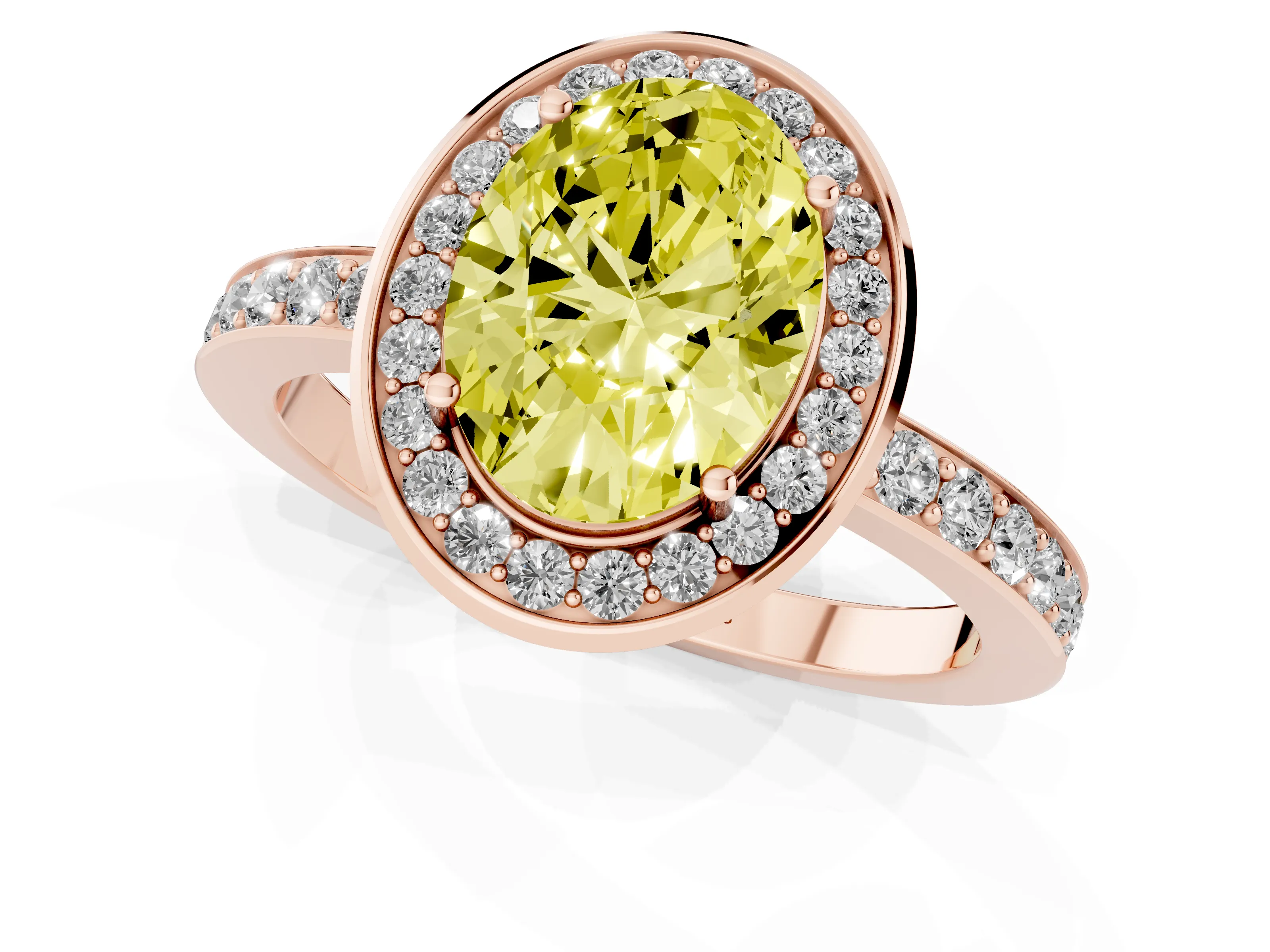 Fancy Yellow Oval Cut Diamond Halo Ring Set in Rose gold with Bezel Frame and Pavé Band
