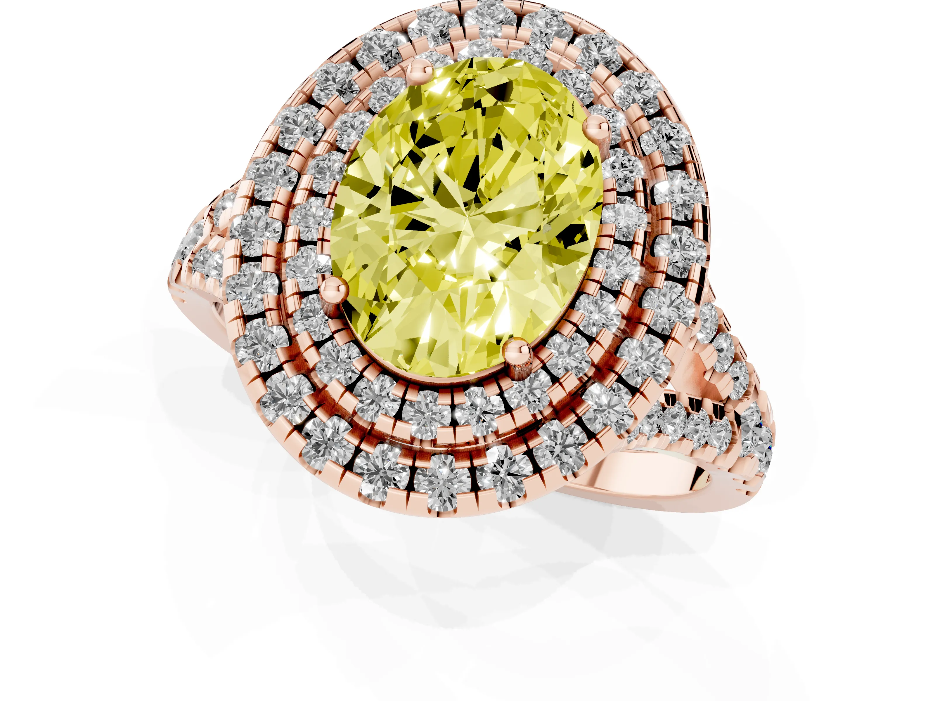 Fancy Yellow Oval Cut Diamond Double Halo Ring Set in Rose gold with Pavé Split Shank and Prong Setting
