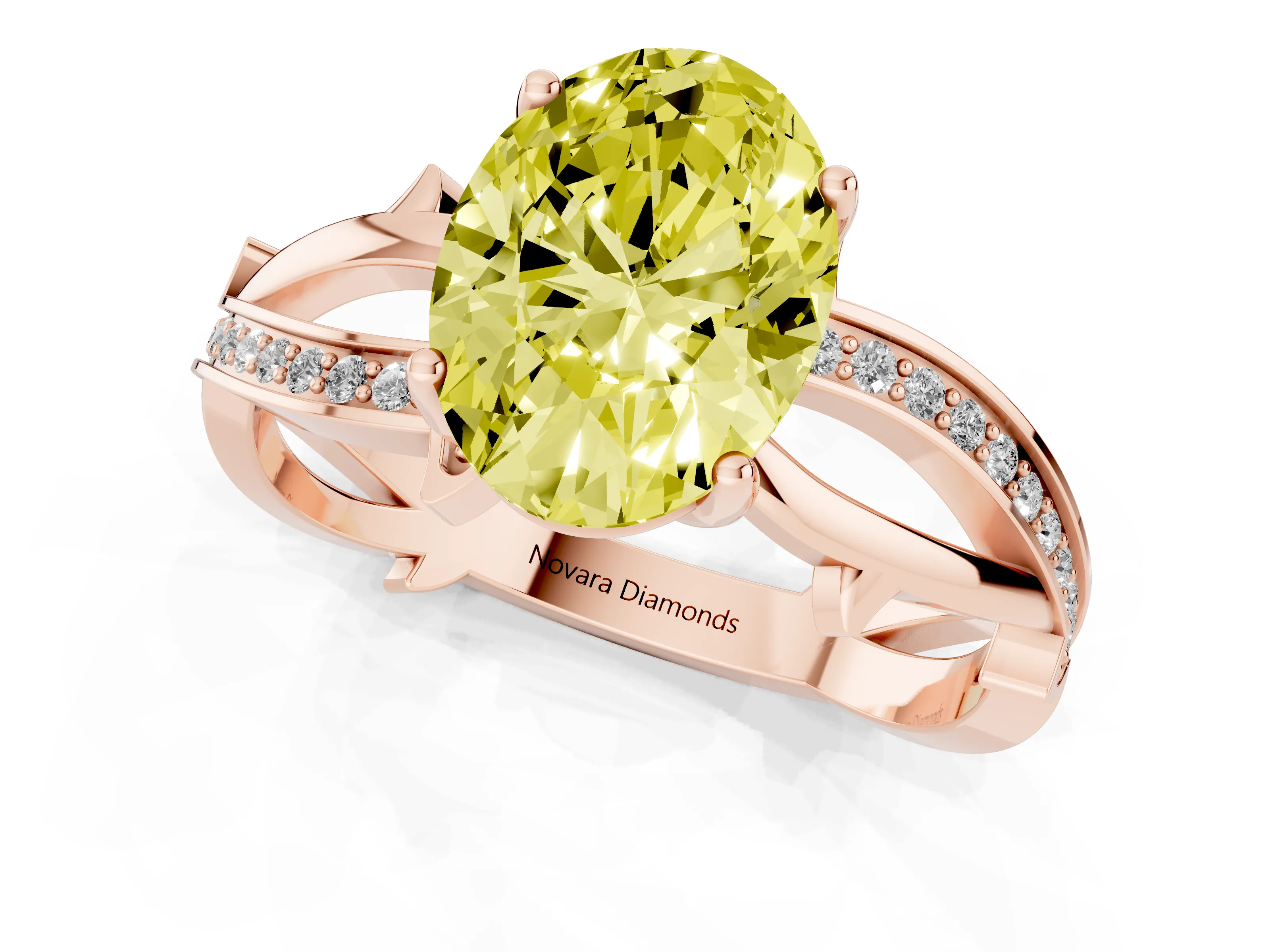 Fancy Yellow Oval Cut Diamond Pavé Twist Band Solitaire Ring Set in Rose gold with Prong Setting