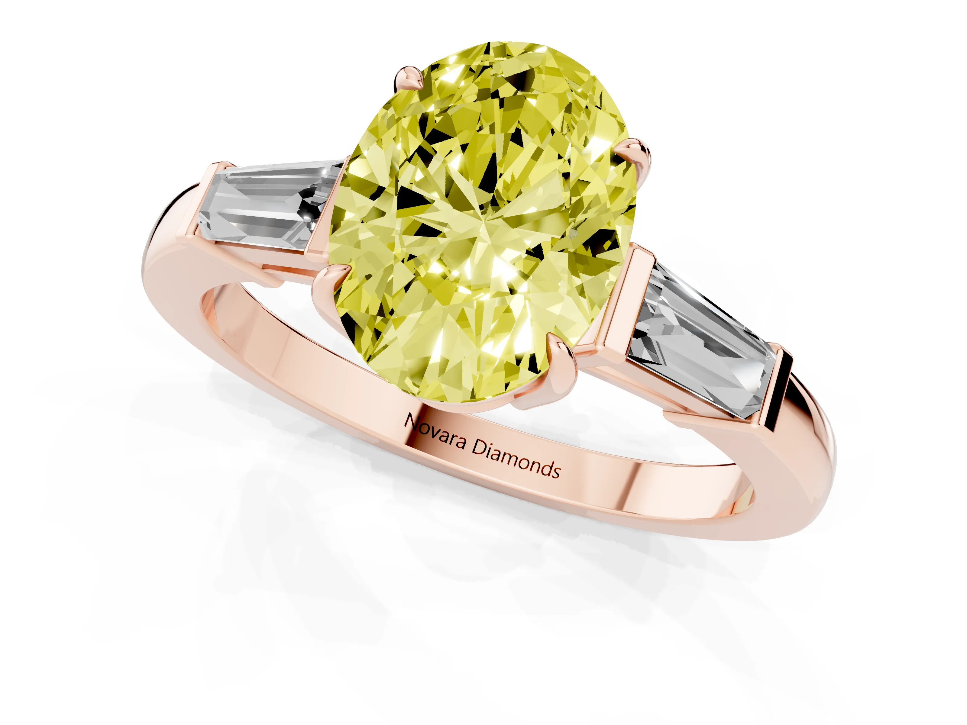 Fancy Yellow Oval Cut Diamond Three-Stone Ring Set in Rose gold with Tapered Baguette Side Stones and Prong Setting