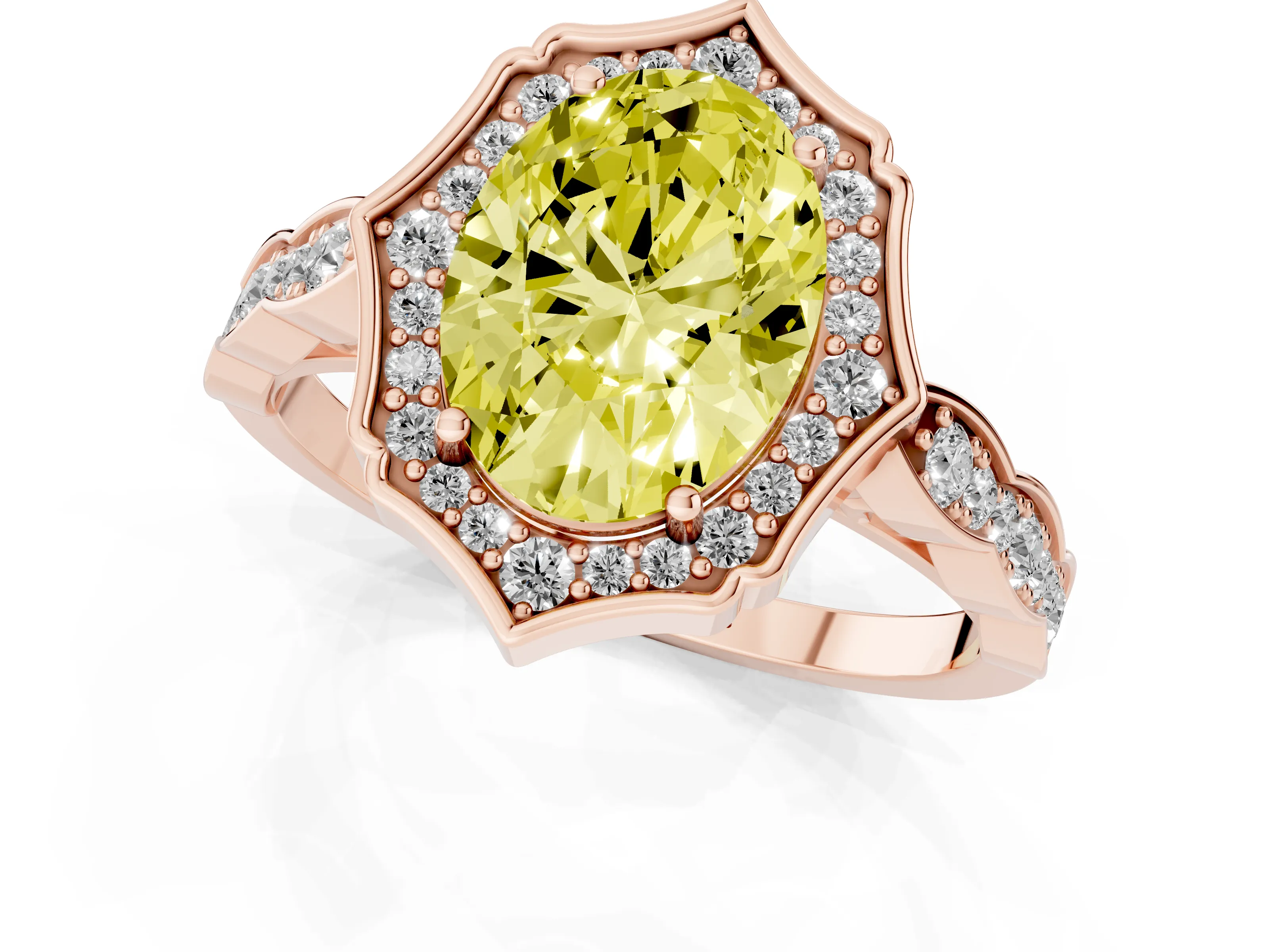 Fancy Yellow Oval Cut Diamond Halo Engagement Ring Set in Rose gold with Milgrain Band and Prong Setting
