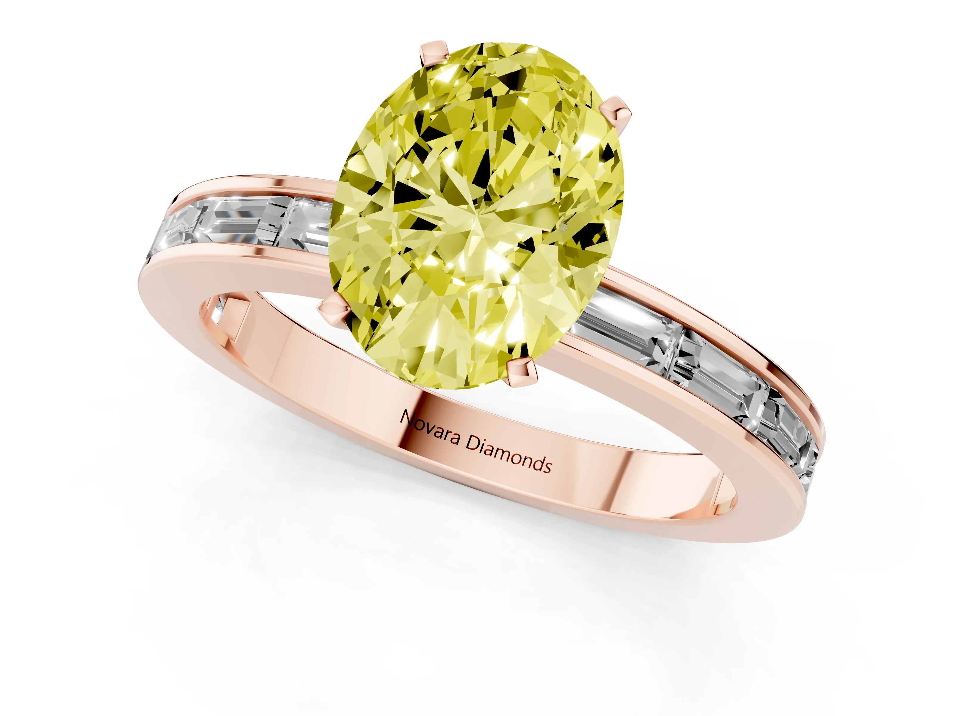 Fancy Yellow Oval Cut Diamond Solitaire Ring Set in Rose gold with Channel-Set Baguette Band and Prong Setting