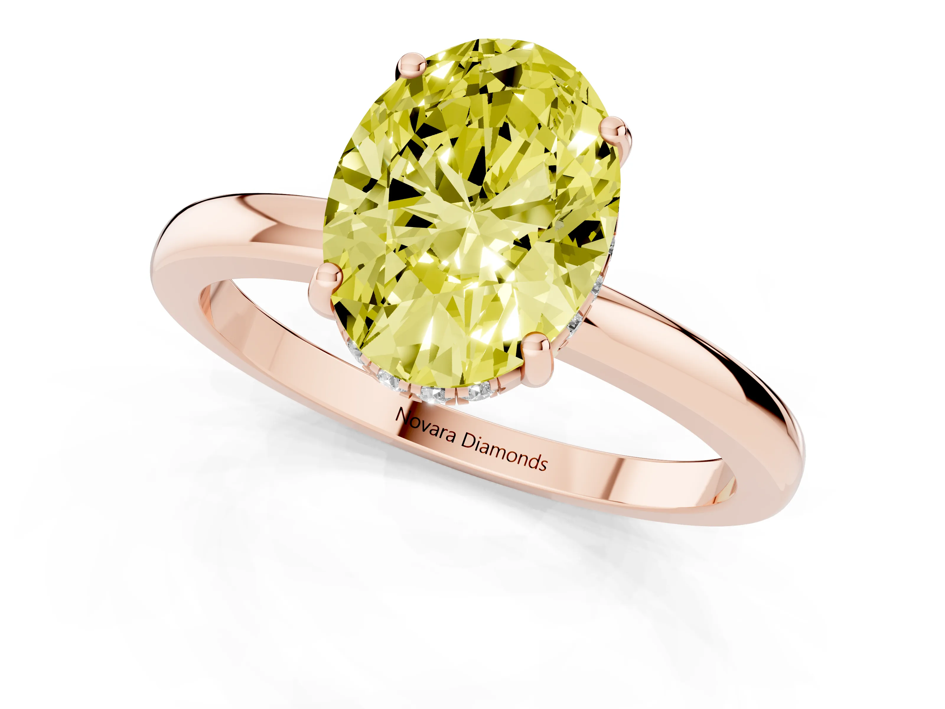 Fancy Yellow Oval Cut Diamond Solitaire Ring Set in Rose gold with Plain Band and Prong Setting