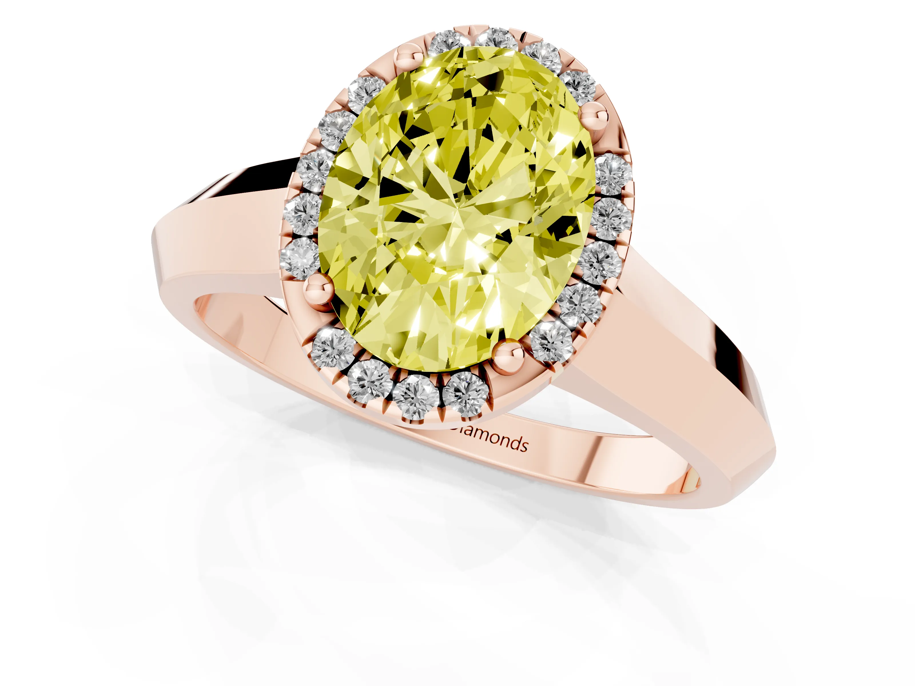 Fancy Yellow Oval Cut Diamond Halo Ring Set in Rose gold with Cathedral Band and Prong Setting