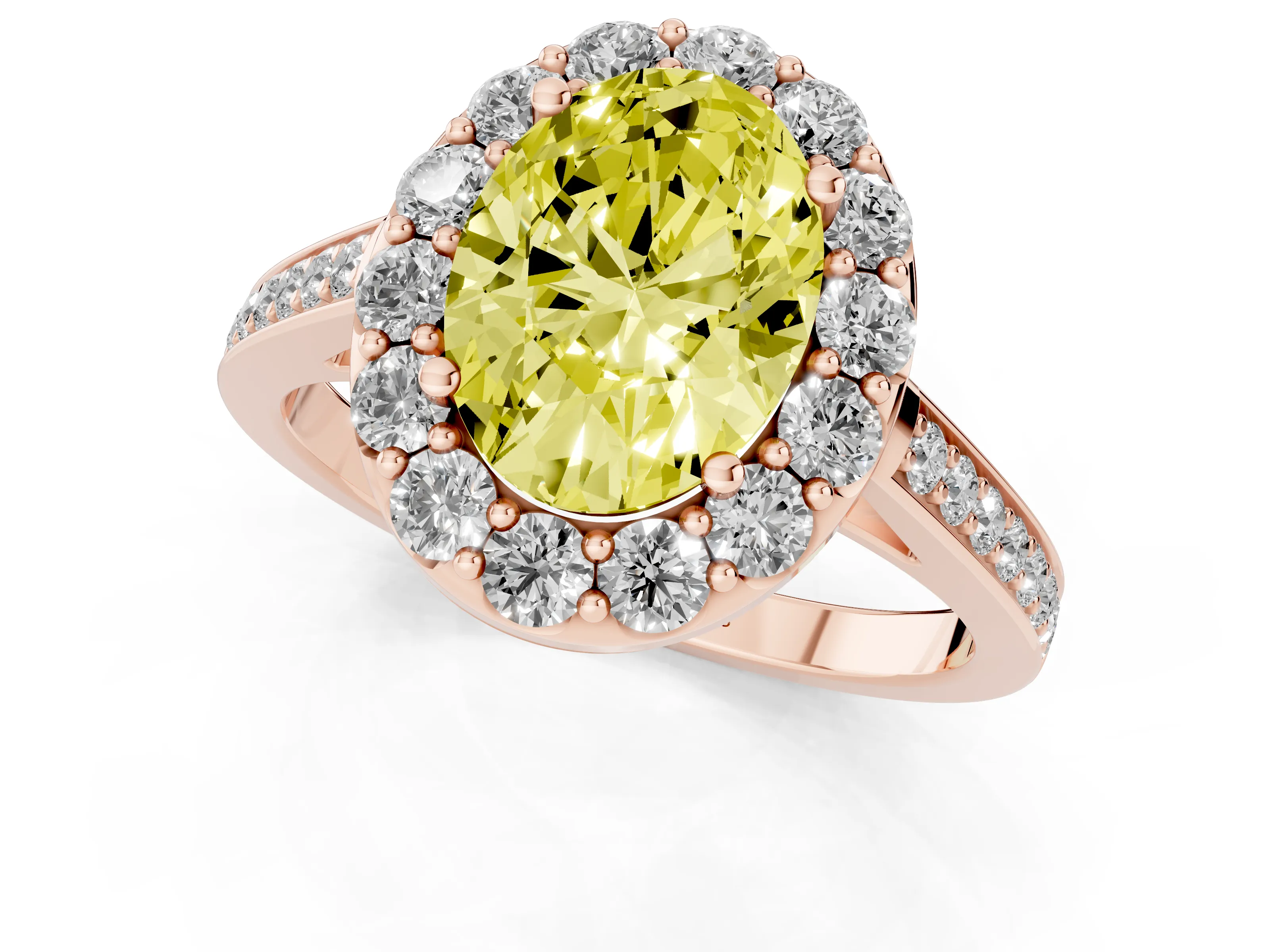 Fancy Yellow Oval Cut Diamond Floral Halo Ring Set in Rose gold with Pavé Band and Prong Setting