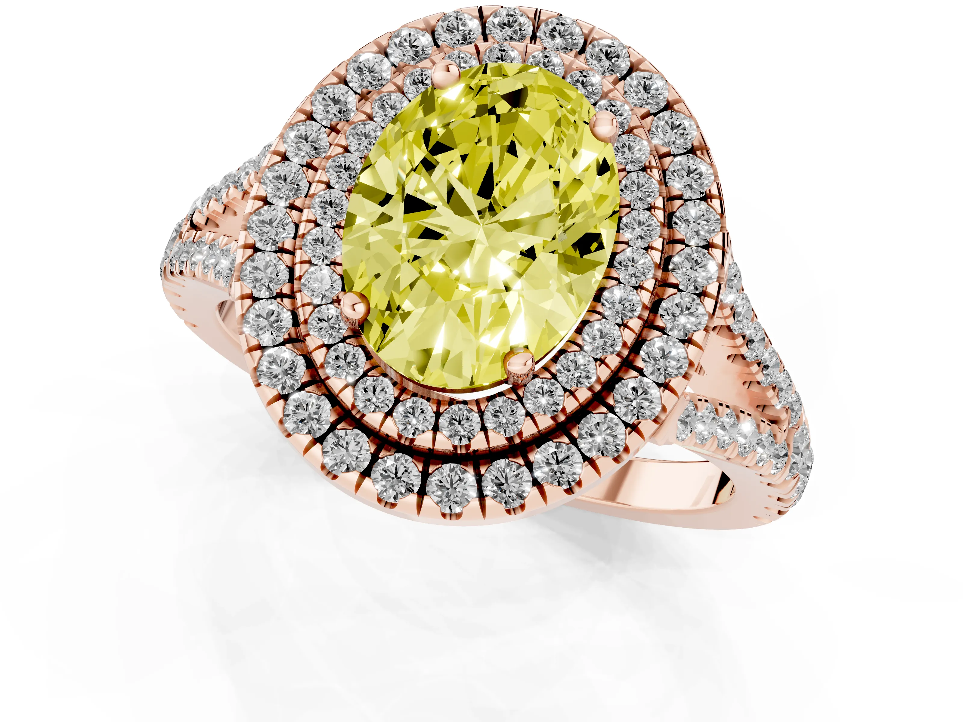 Fancy Yellow Oval Cut Diamond Double Halo Ring Set in Rose gold with Pavé Band