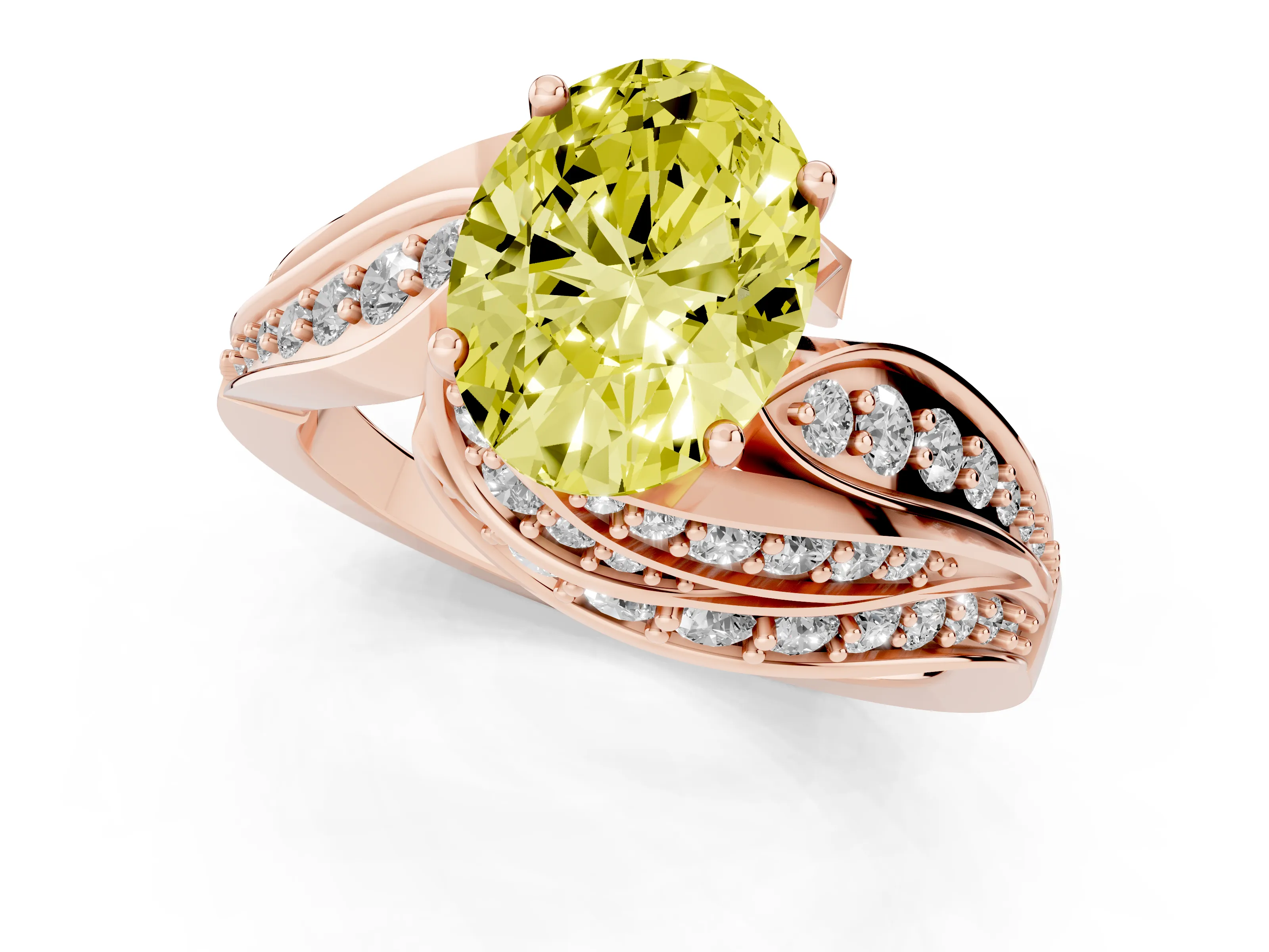 Fancy Yellow Oval Cut Diamond Solitaire Ring Set in Rose gold with Layered Twist Pavé Band