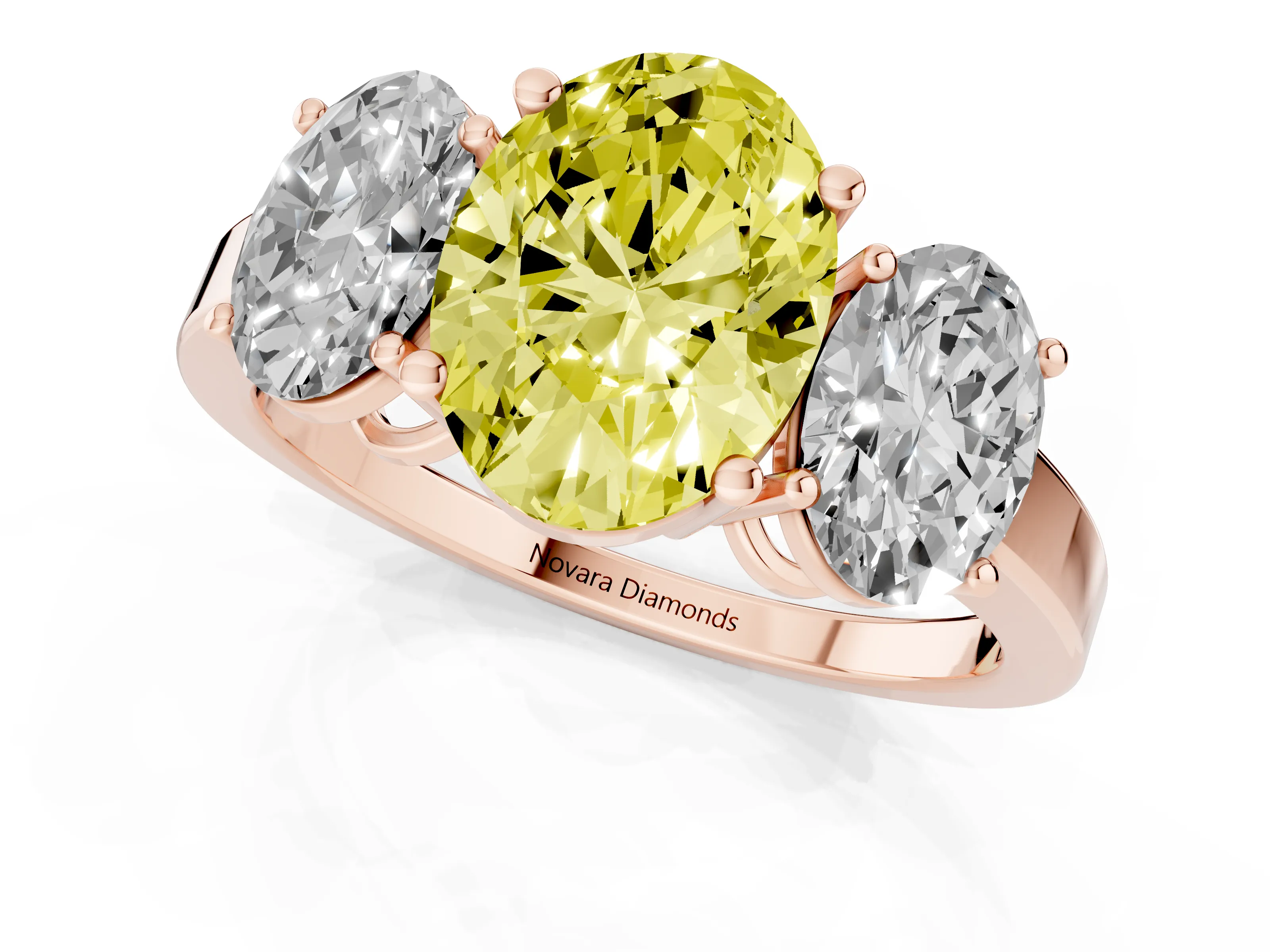 Fancy Yellow Oval Cut Diamond Three-Stone Engagement Ring Set in Rose gold with Flat Band