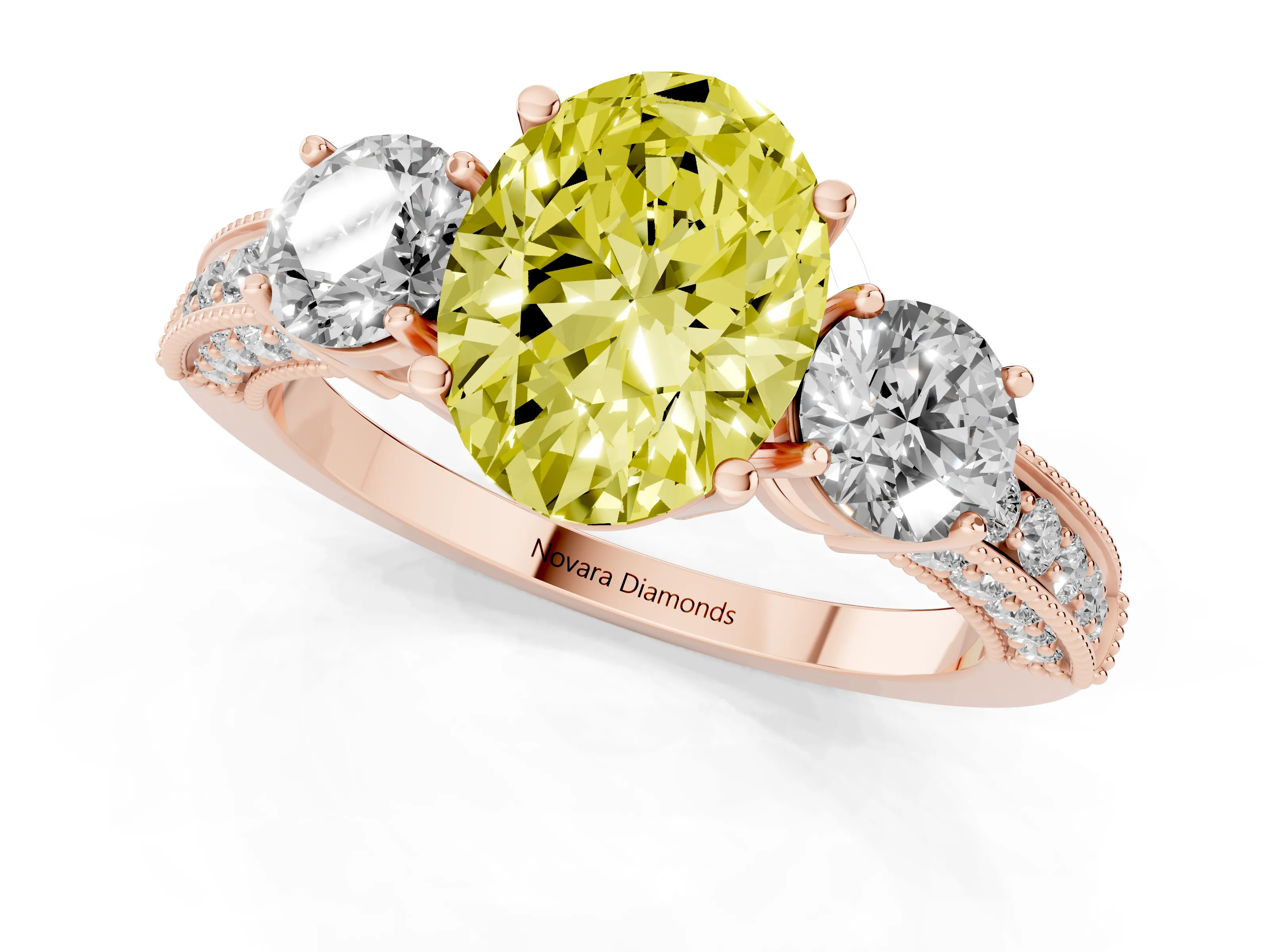 Fancy Yellow Oval Cut Diamond Three-Stone Ring Set in Rose gold with Round Side Stones and Pavé Band