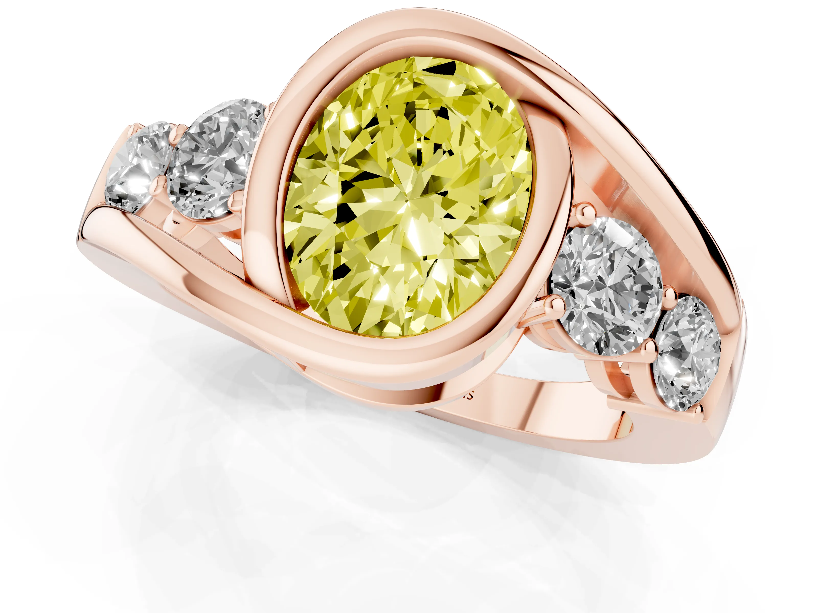 Fancy Yellow Oval Cut Diamond Bezel Bypass Ring Set in Rose gold with Round Accents