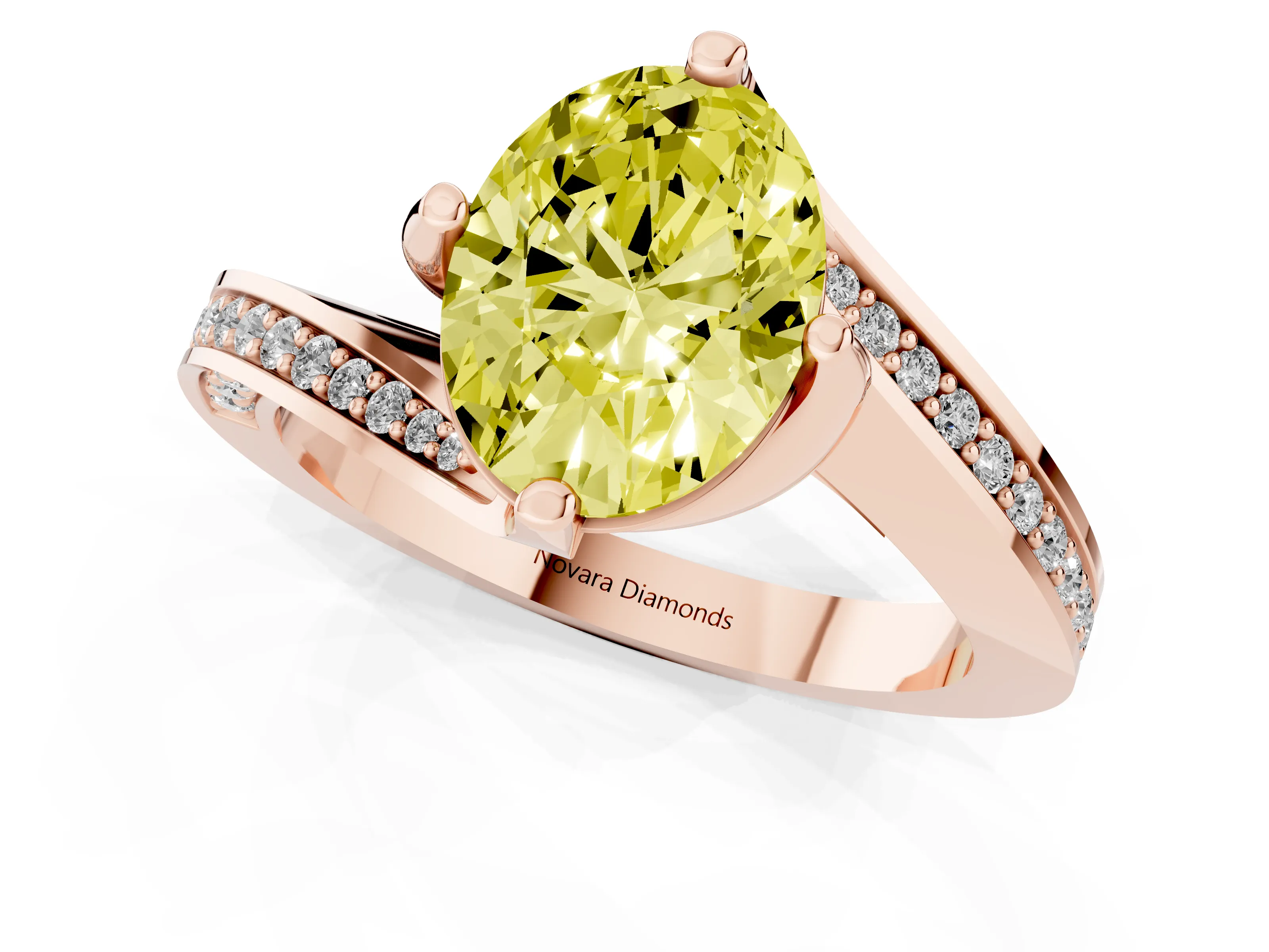 Fancy Yellow Oval Cut Diamond Solitaire Ring Set in Rose gold with Intertwined Pavé Twist Band