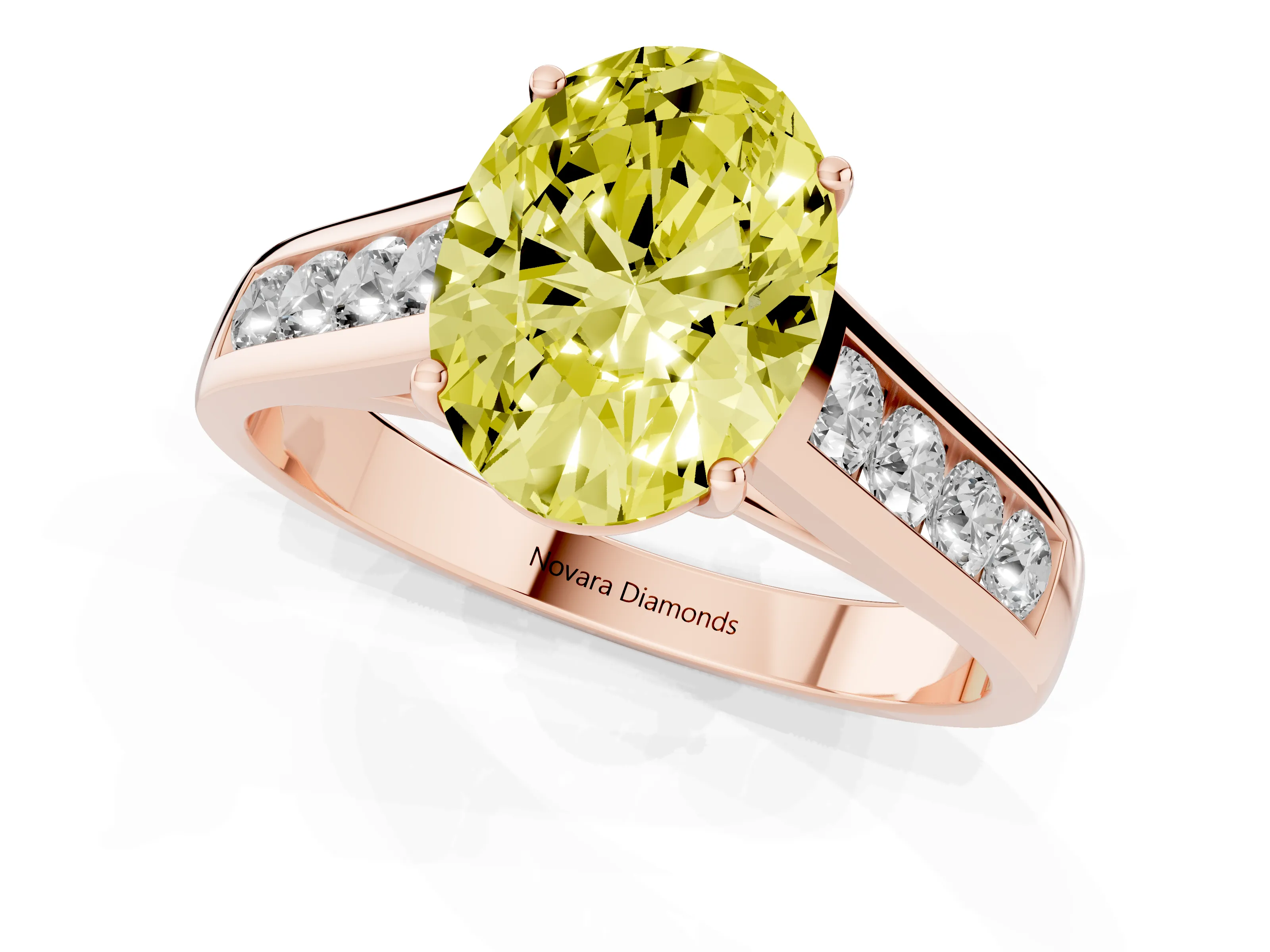 Fancy Yellow Oval Cut Diamond Solitaire Channel-Set Engagement Ring Set in Rose gold with Prong Setting
