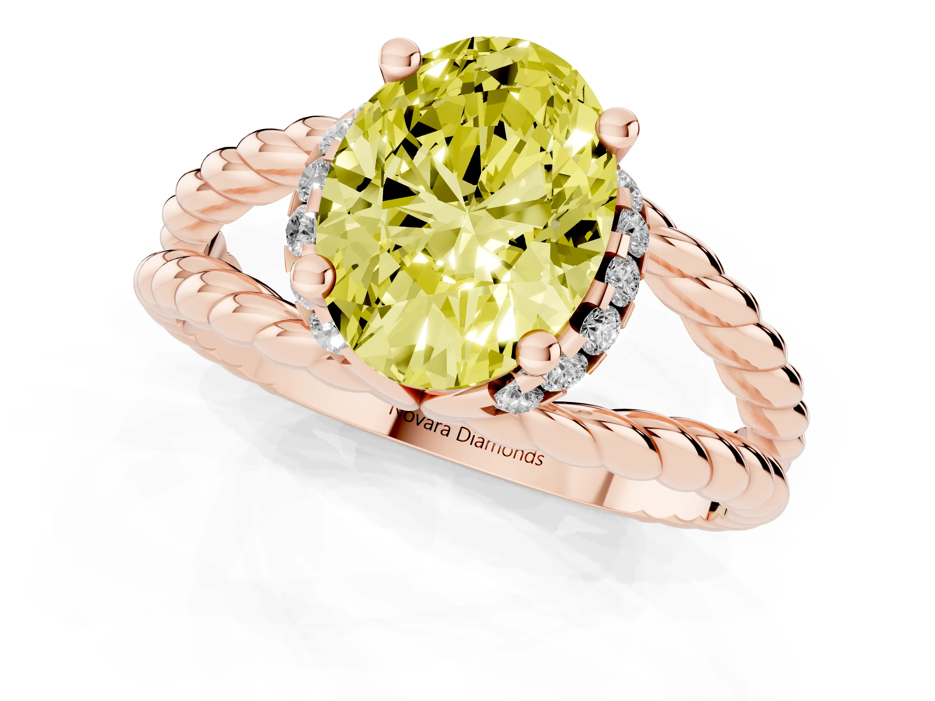 Fancy Yellow Oval Cut Diamond Halo Ring Set in Rose gold with Twisted Band and Prong Setting