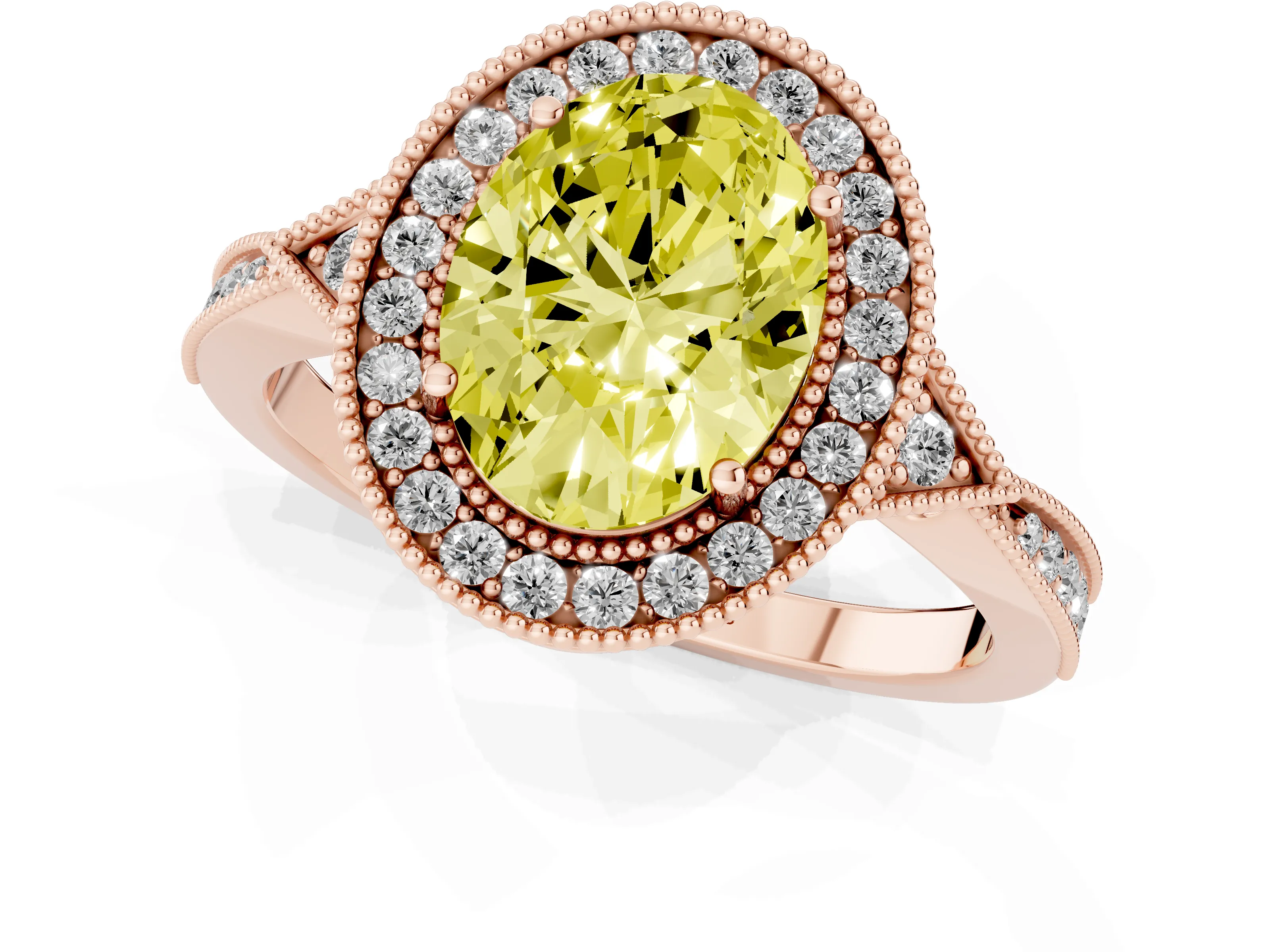Fancy Yellow Oval Cut Diamond Halo Engagement Ring Set in Rose gold with Milgrain Pavé Band