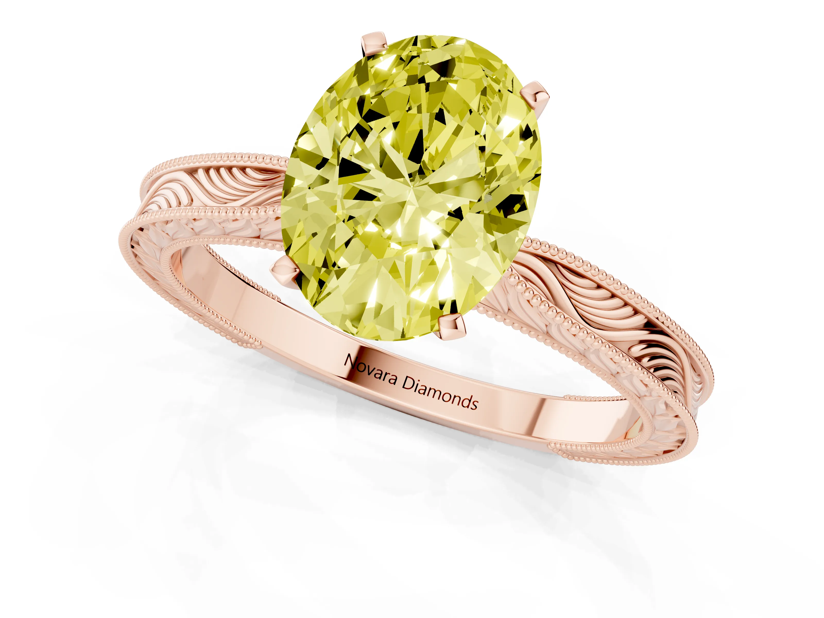 Fancy Yellow Oval Cut Diamond Solitaire Milgrain Engraved Band Set in Rose gold with Prong Setting