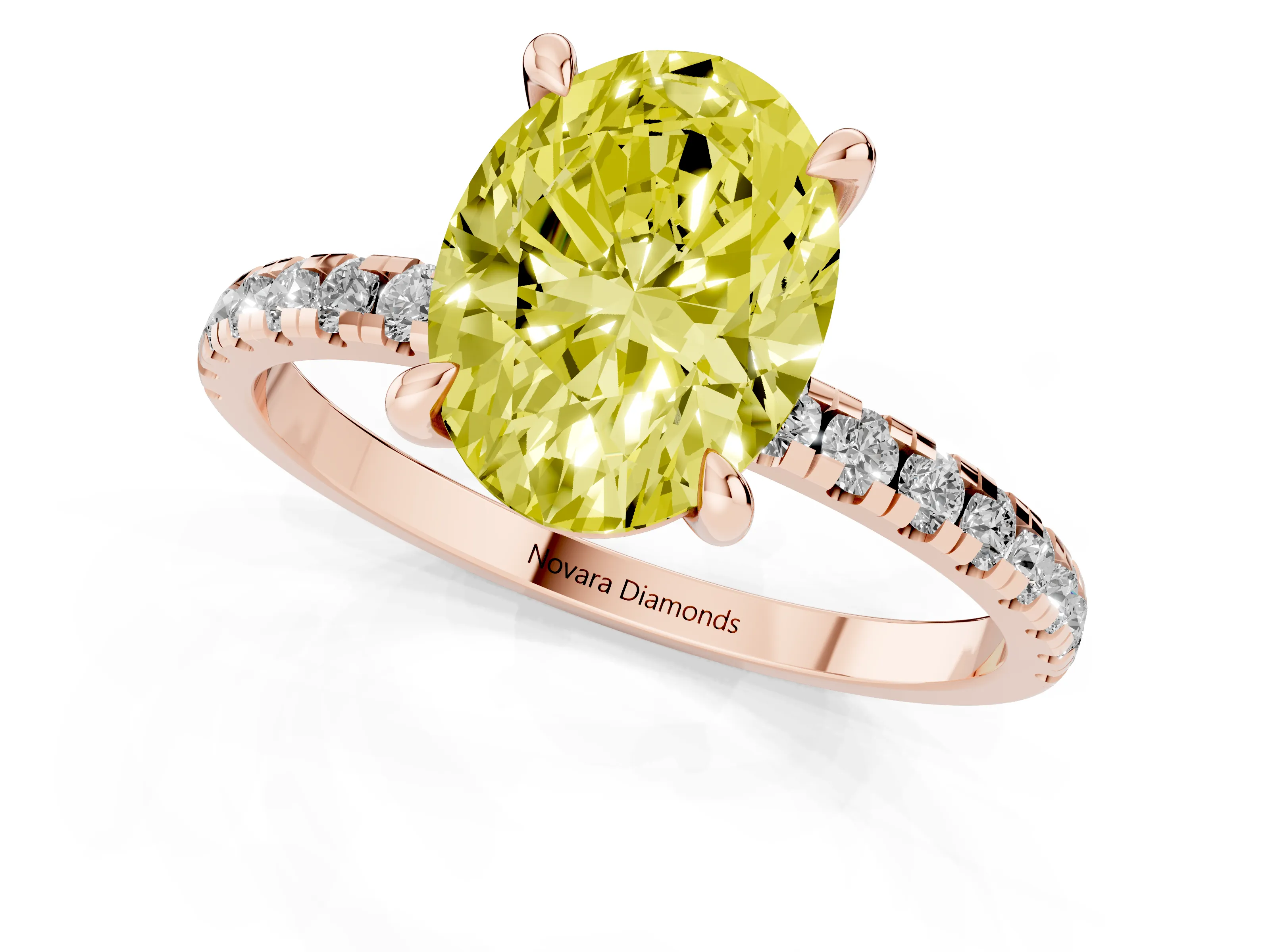 Fancy Yellow Oval Cut Diamond Brilliant Solitaire Ring Set in Rose gold with Pavé Band and Prong Setting
