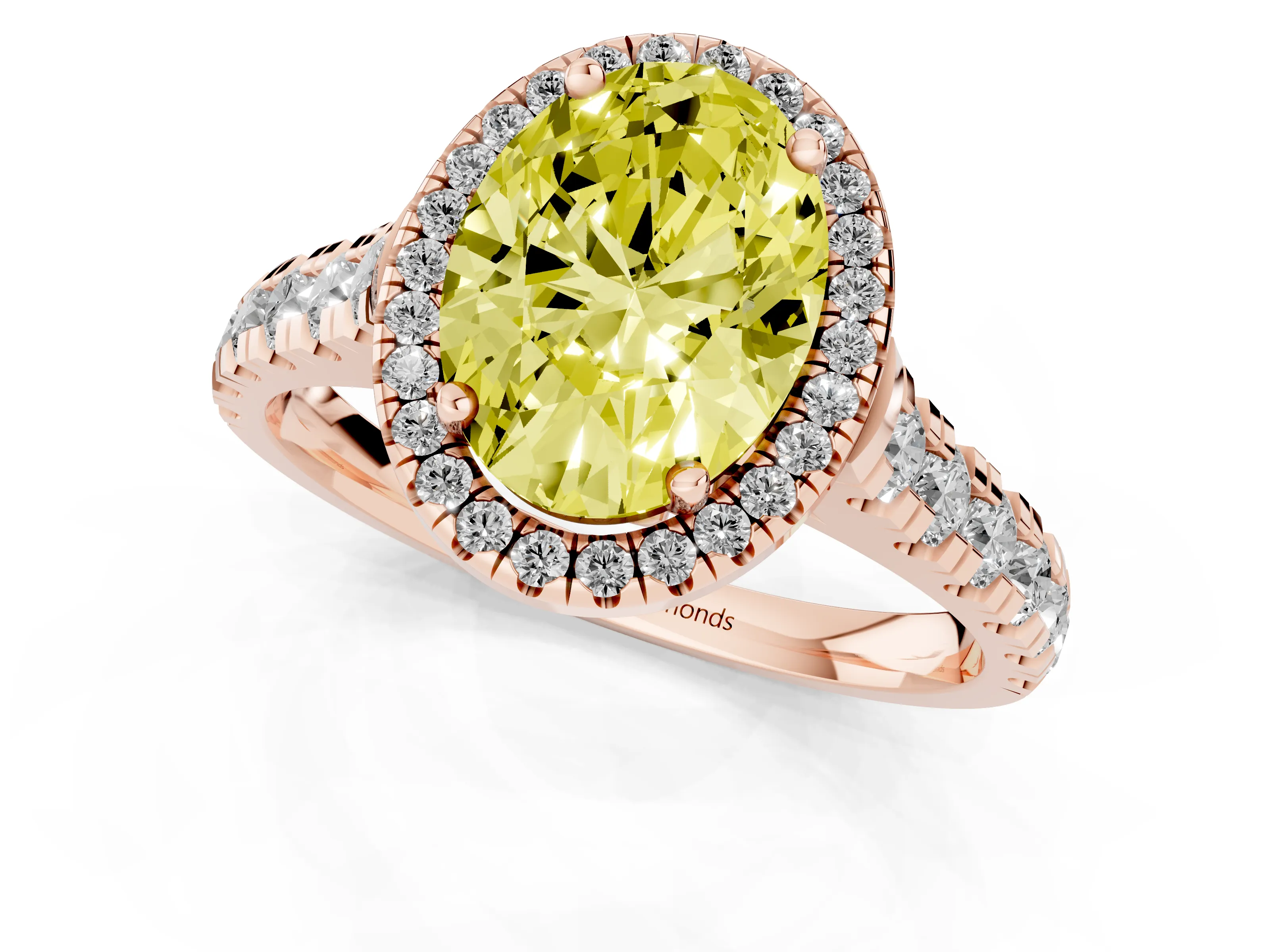Fancy Yellow Oval Cut Diamond Halo Engagement Ring Set in Rose gold with Pavé Band and Prong-Set Center