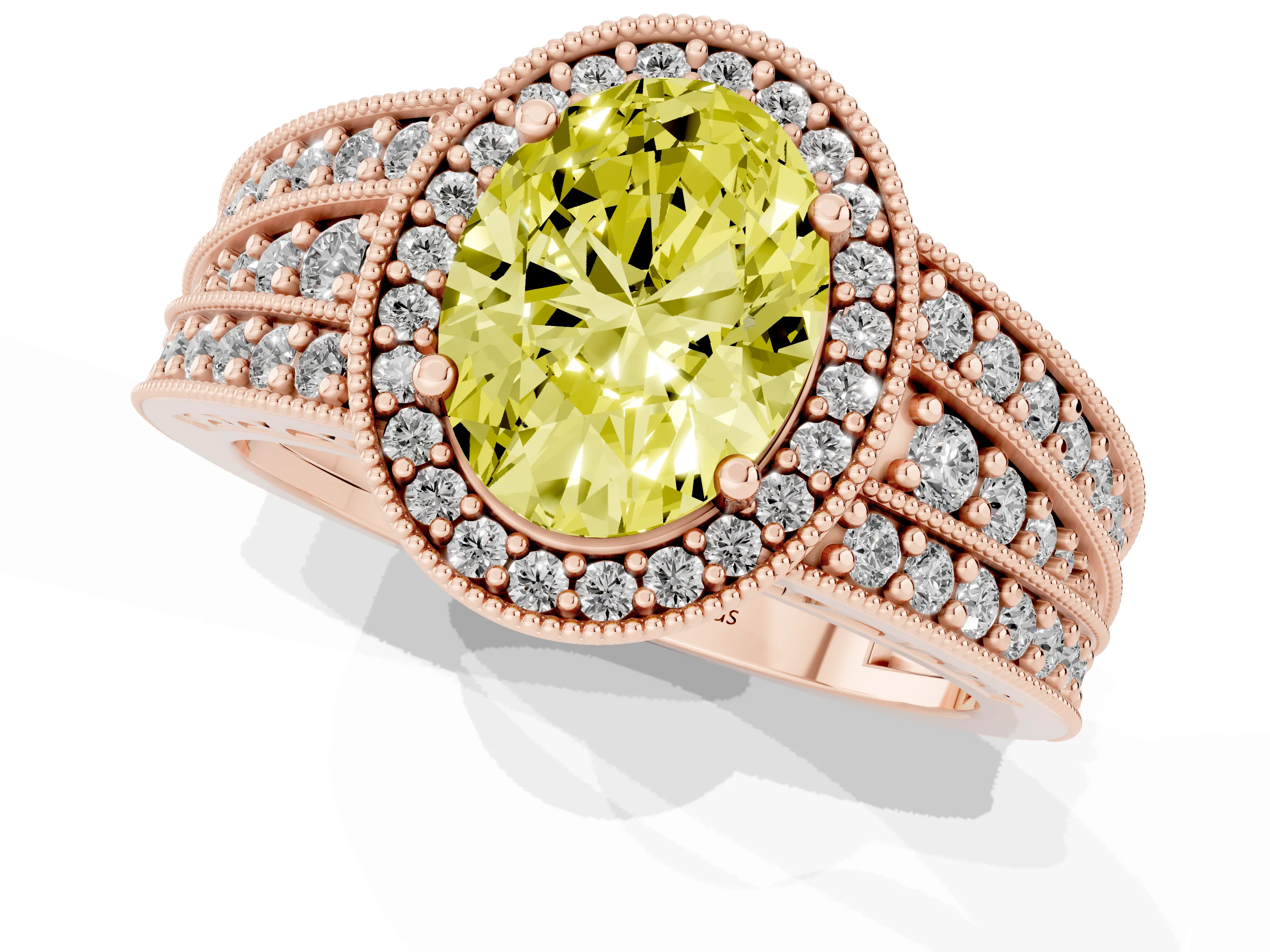 Fancy Yellow Oval Cut Diamond Halo Ring Set in Rose gold with Accent Split Shank and Prong Setting