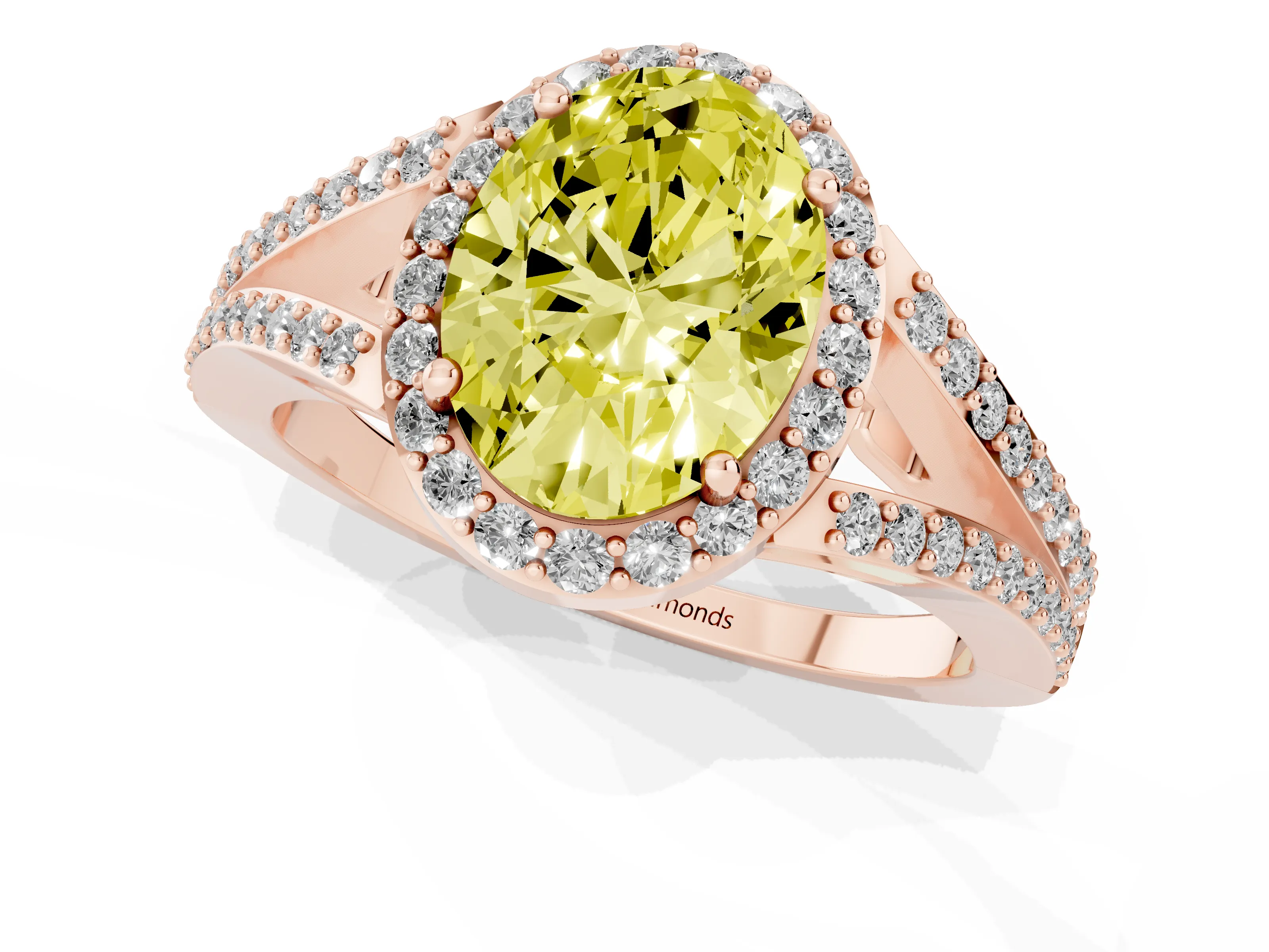 Fancy Yellow Oval Cut Diamond Halo Split Shank Ring Set in Rose gold with Accent Stones and Prong Setting