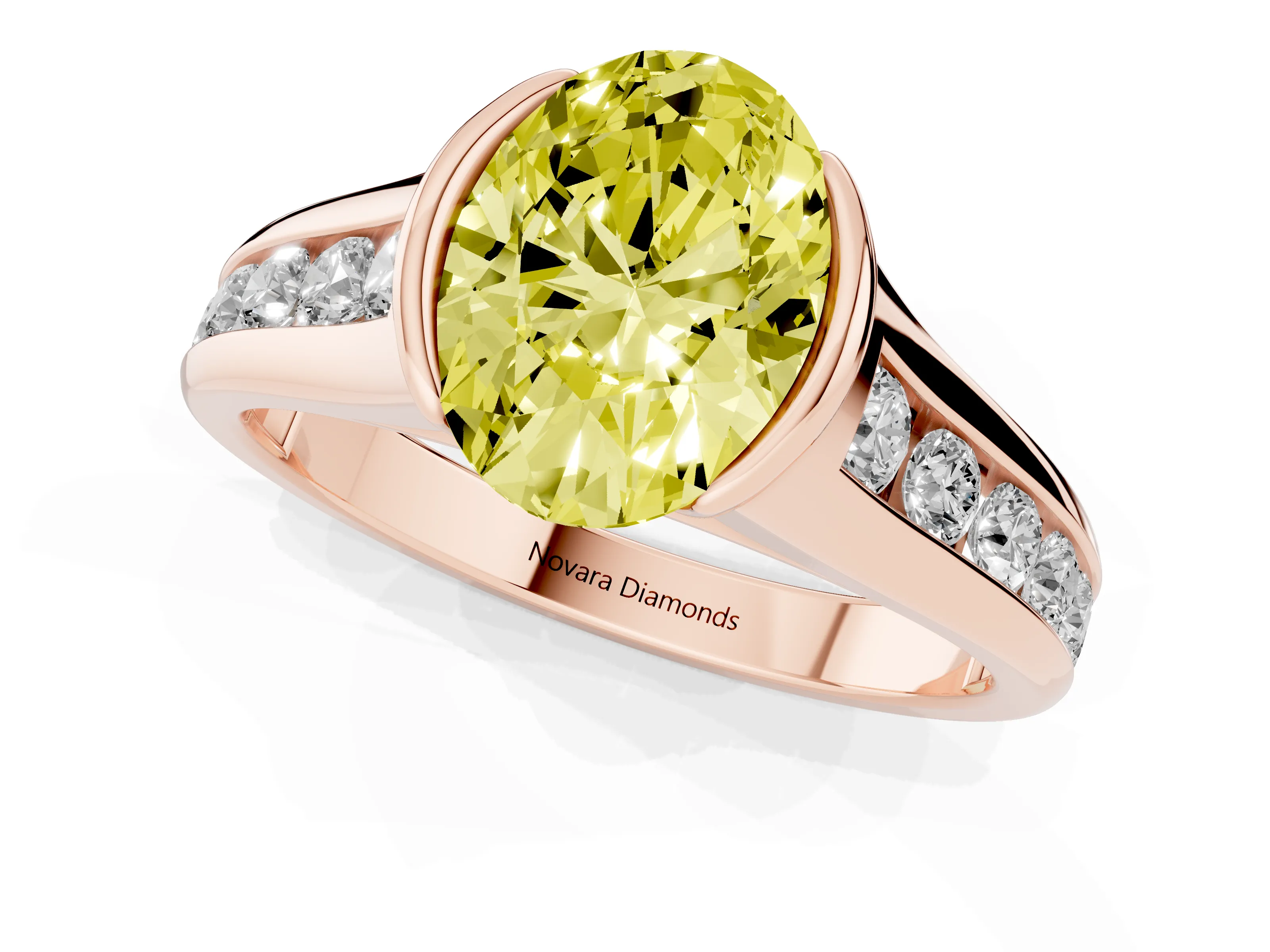 Fancy Yellow Oval Cut Diamond Bezel-Set Solitaire Ring Set in Rose gold with Channel-Set Band