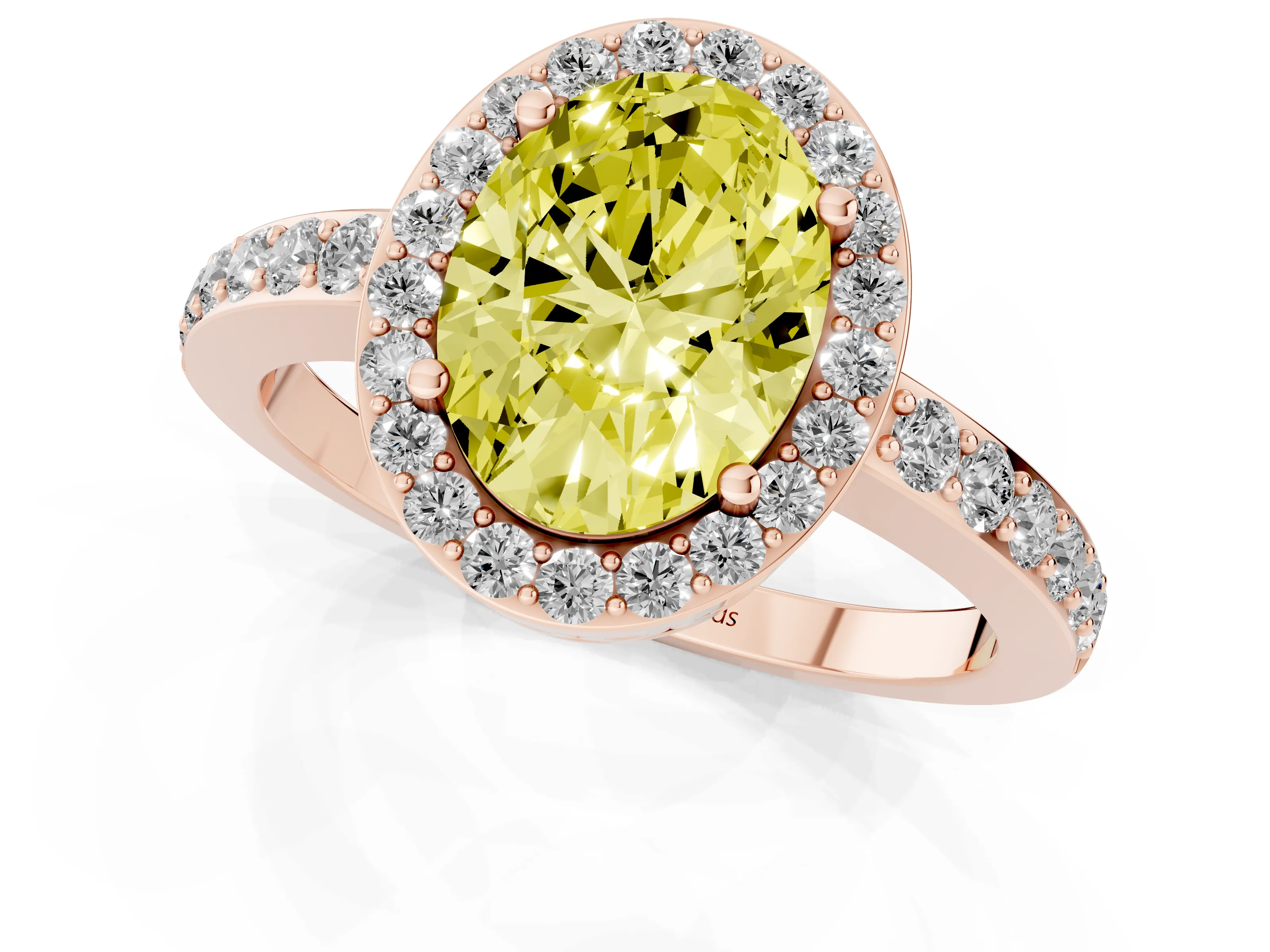 Fancy Yellow Oval Cut Diamond Halo Ring Set in Rose gold with Pavé-Setting Band and Open Prong Center