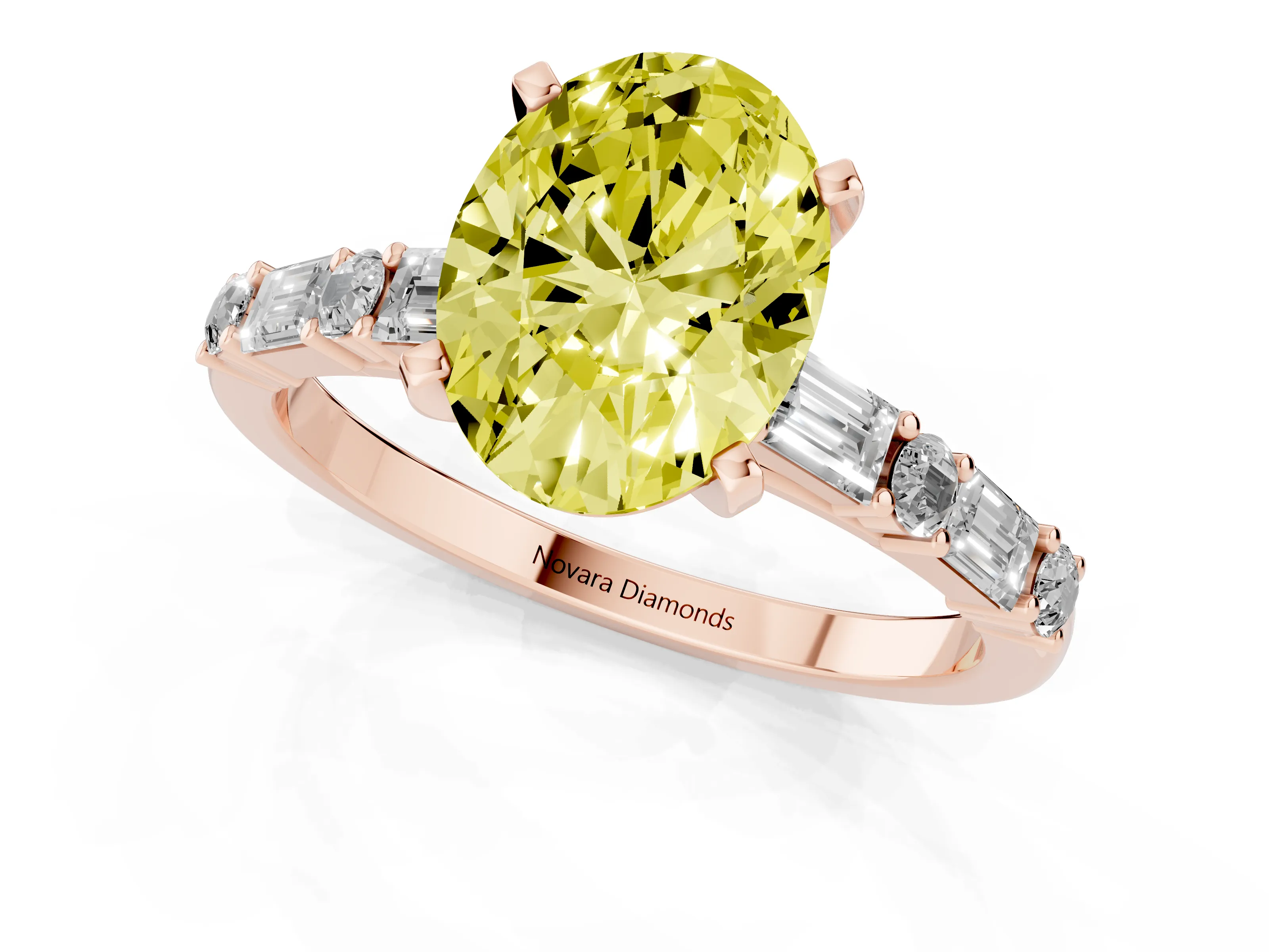 Fancy Yellow Oval Cut Diamond Solitaire Set in Rose gold with Side Baguettes and Channel Set Band