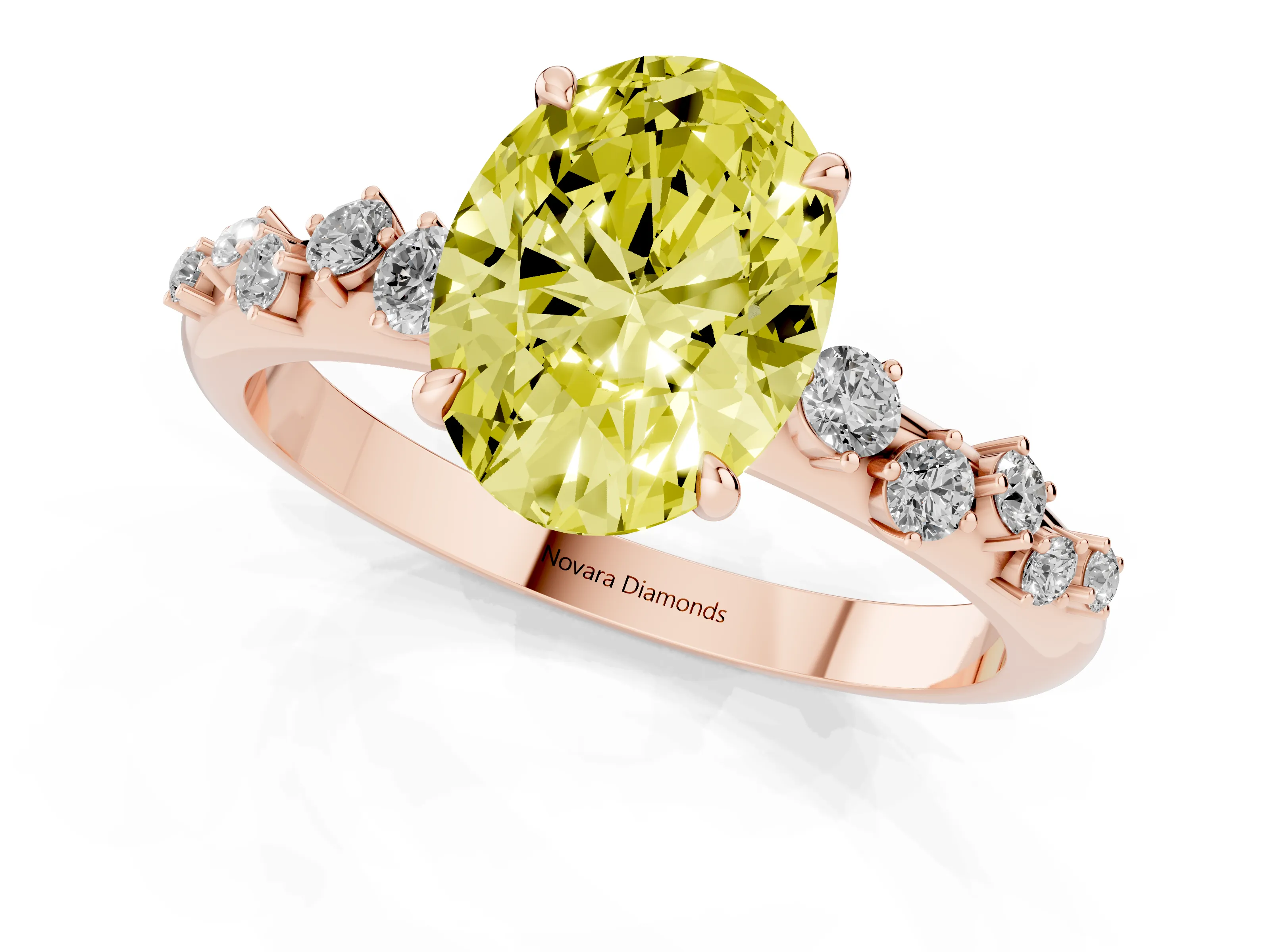 Fancy Yellow Oval Cut Diamond Cluster Solitaire Ring Set in Rose gold with Prong Setting