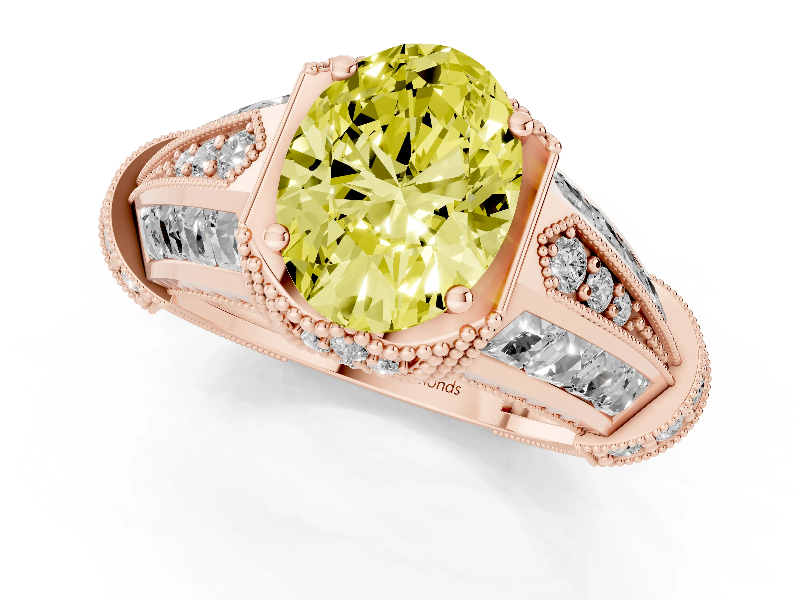 Fancy Yellow Oval Cut Diamond Vintage-Inspired Milgrain Ring Set in Rose gold with Accent Split Shank