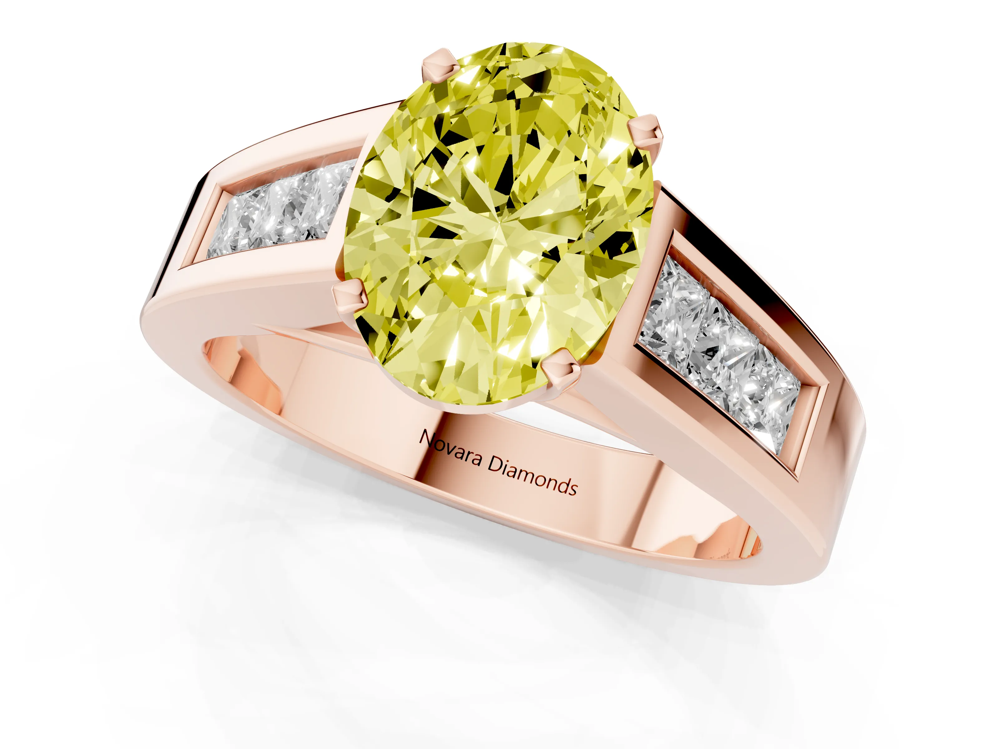 Fancy Yellow Oval Cut Diamond Solitaire Ring Set in Rose gold with Channel-Set Accent Stones and Prong Setting