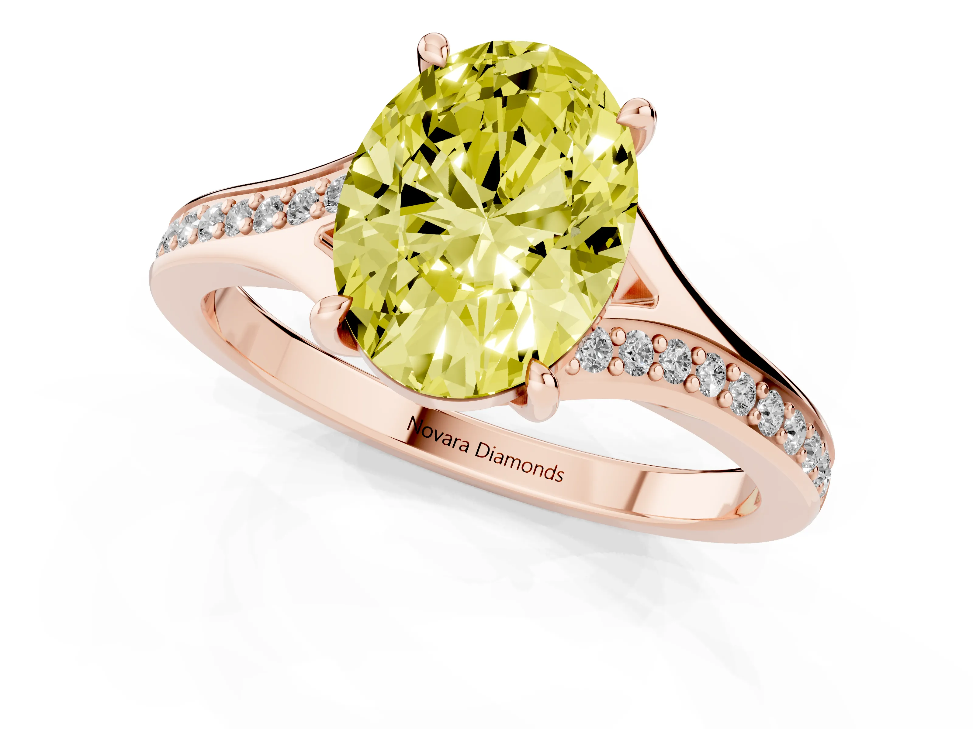 Fancy Yellow Oval Cut Diamond Solitaire Ring Set in Rose gold with Pavé Accent Band and Classic Prong Setting