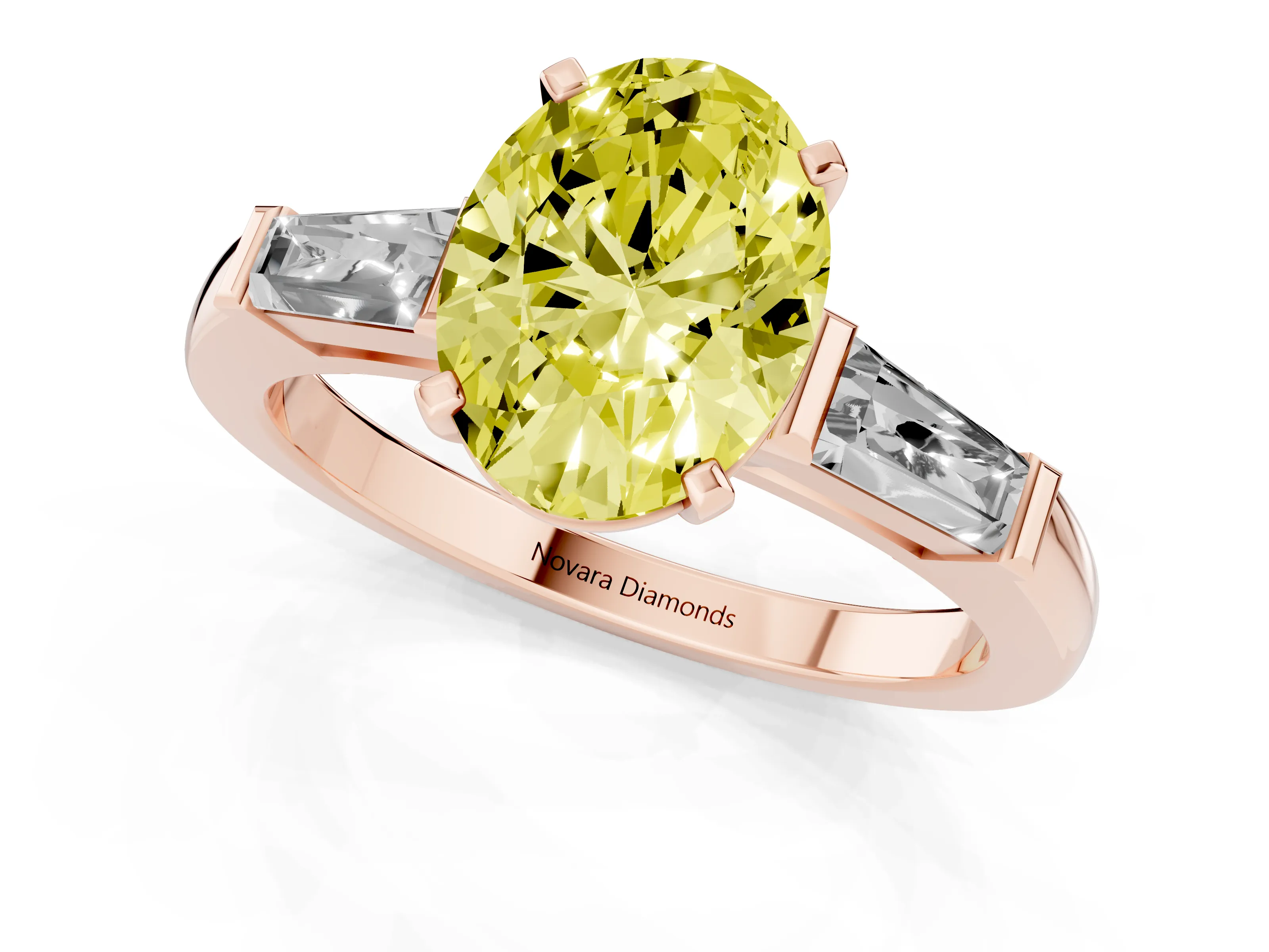 Fancy Yellow Oval Cut Diamond Solitaire Ring Set in Rose gold with Tapered Baguette Side Stones and Prong Setting