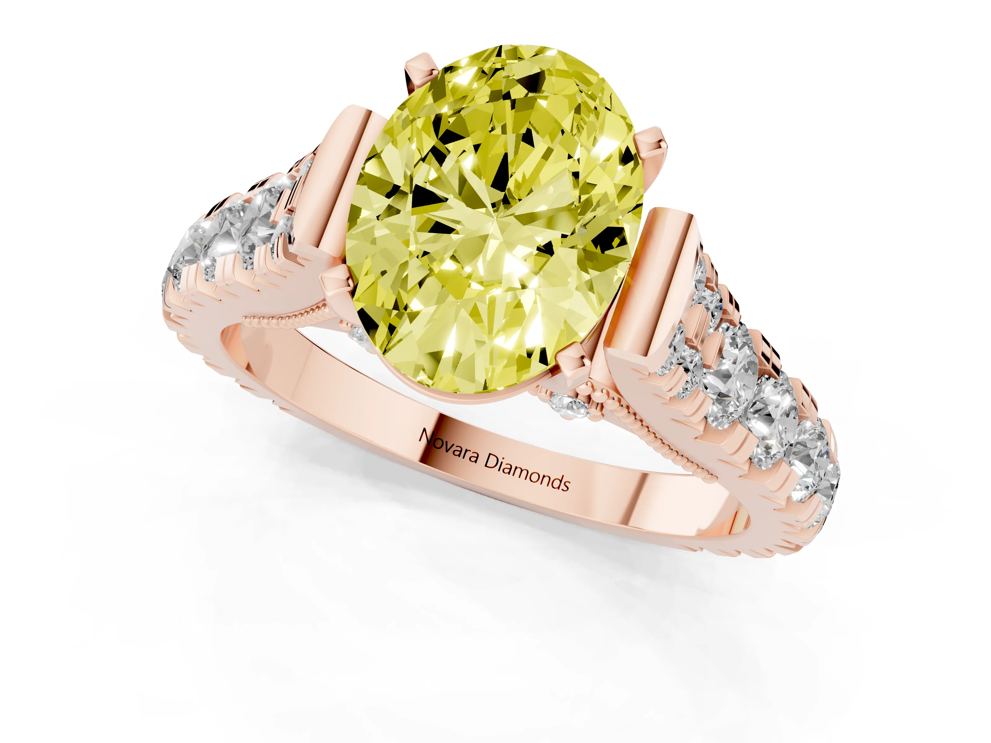 Fancy Yellow Oval Cut Diamond Classic Solitaire Ring Set in Rose gold with Pavé Band and Prong Setting