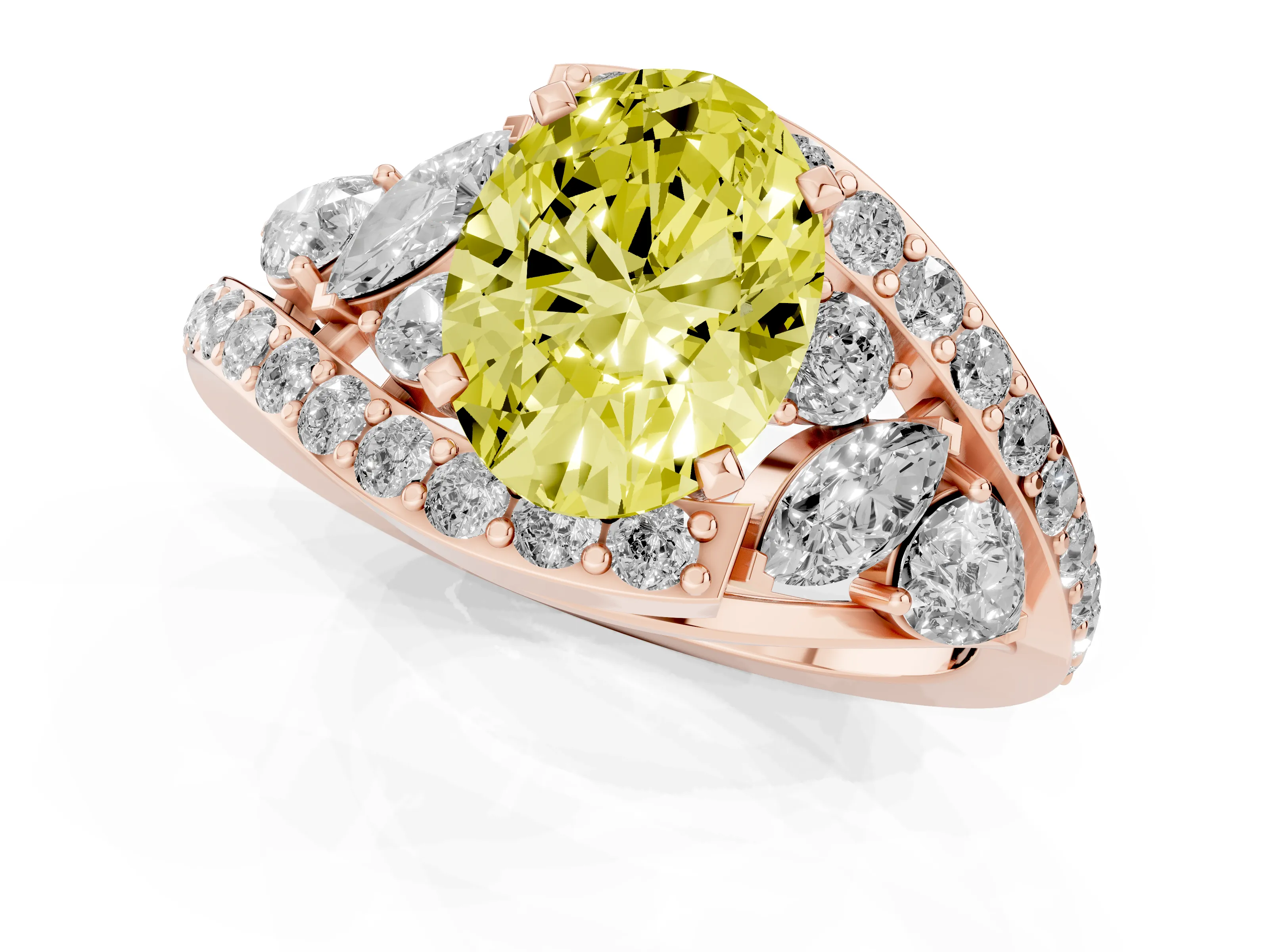Fancy Yellow Oval Cut Diamond Halo Ring Set in Rose gold with Marquise and Pavé Band in Prong Setting