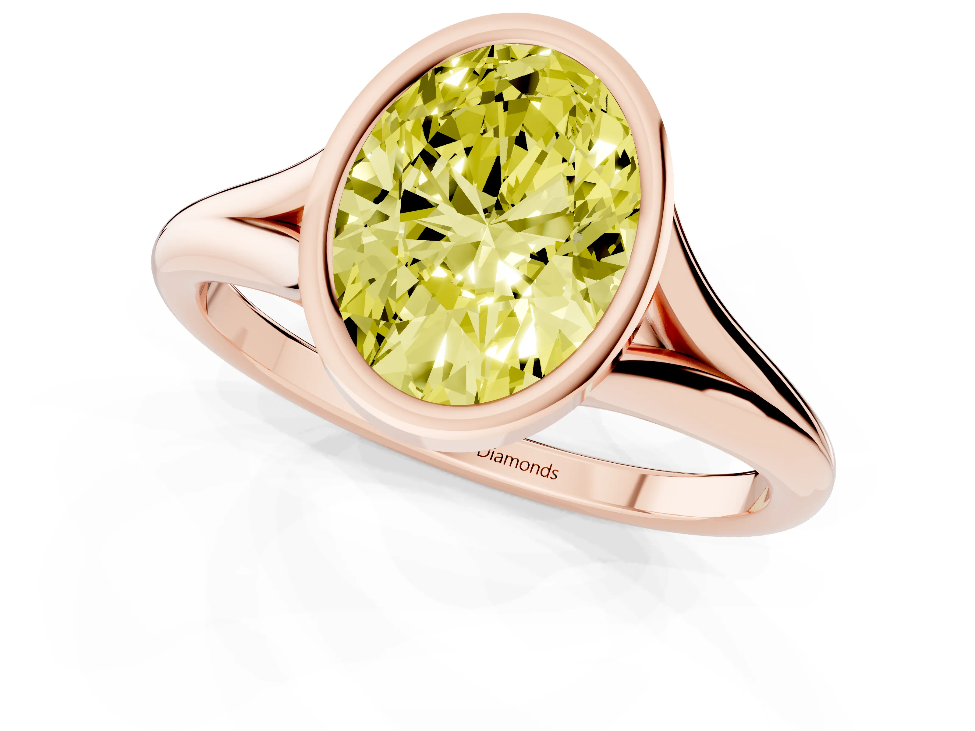 Fancy Yellow Bezel Set Oval Cut Diamond Solitaire Ring Set in Rose gold with Tapered Band