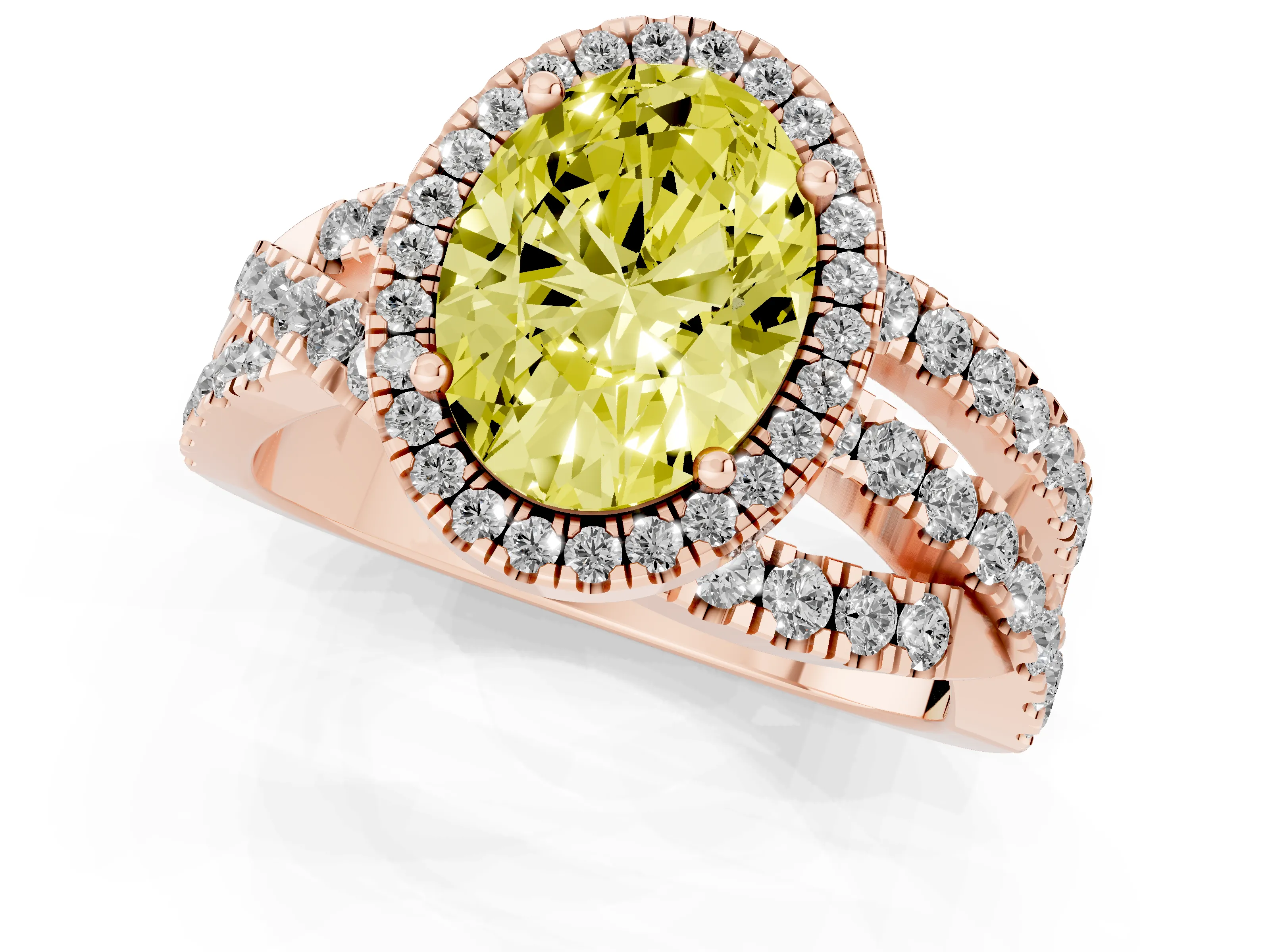Fancy Yellow Oval Cut Diamond Halo Ring Set in Rose gold with Round Crossover Split Shank and Prong Setting