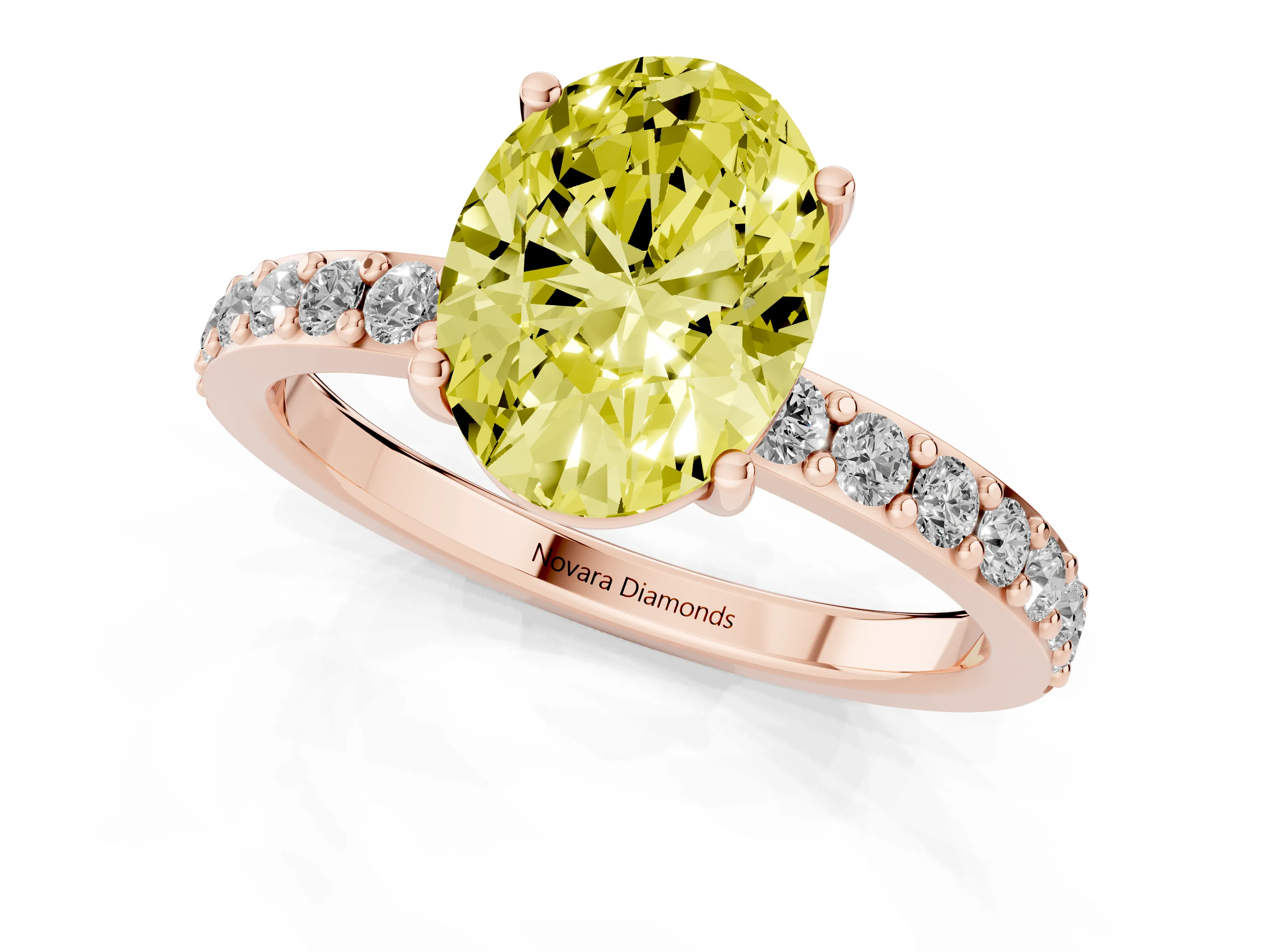 Fancy Yellow Oval Cut Diamond Solitaire Set in Rose gold with Round Pavé Band and Prong Setting