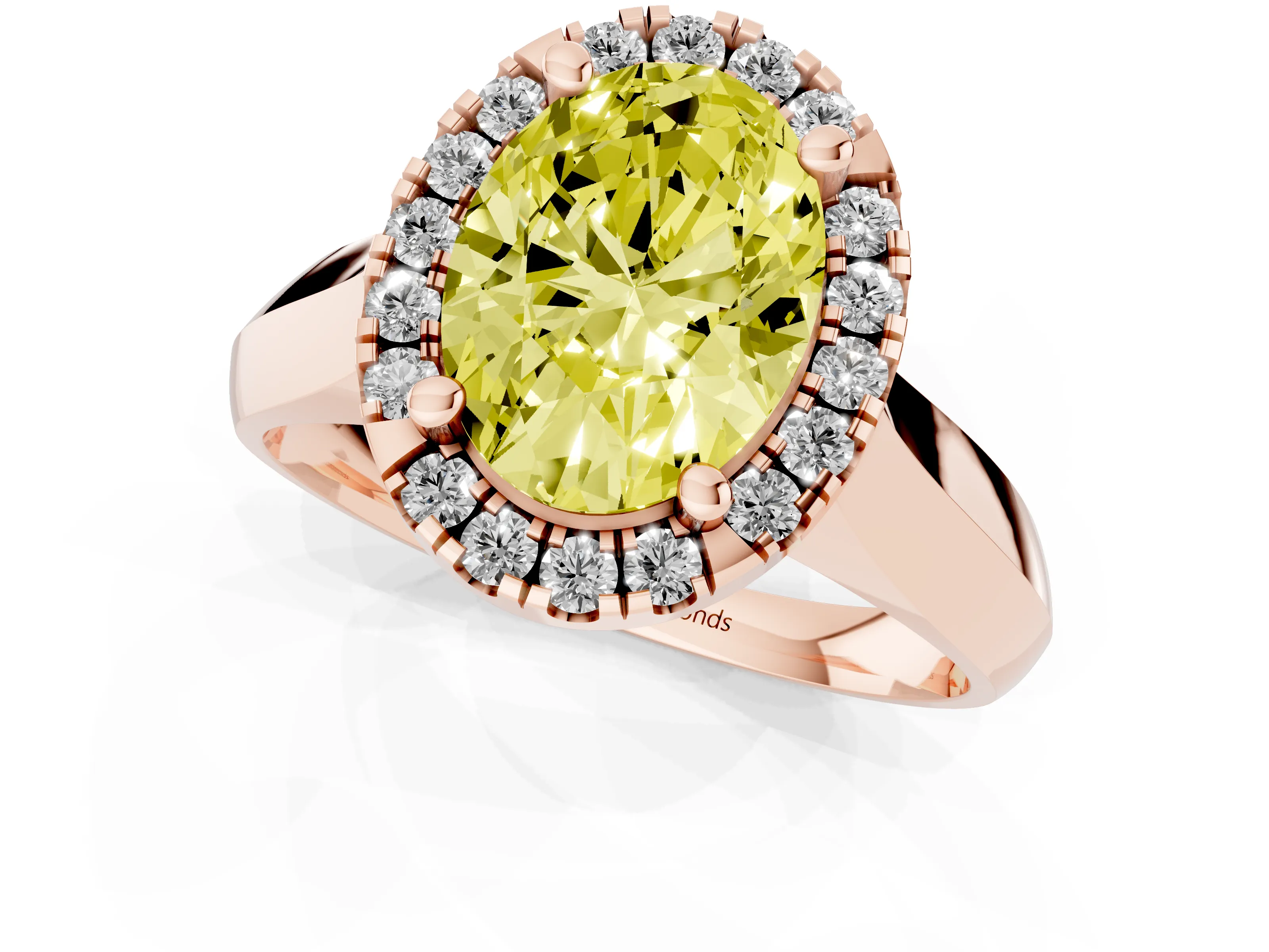 Fancy Yellow Oval Cut Diamond Halo Solitaire Engagement Ring Set in Rose gold with Square Band and Prong Setting