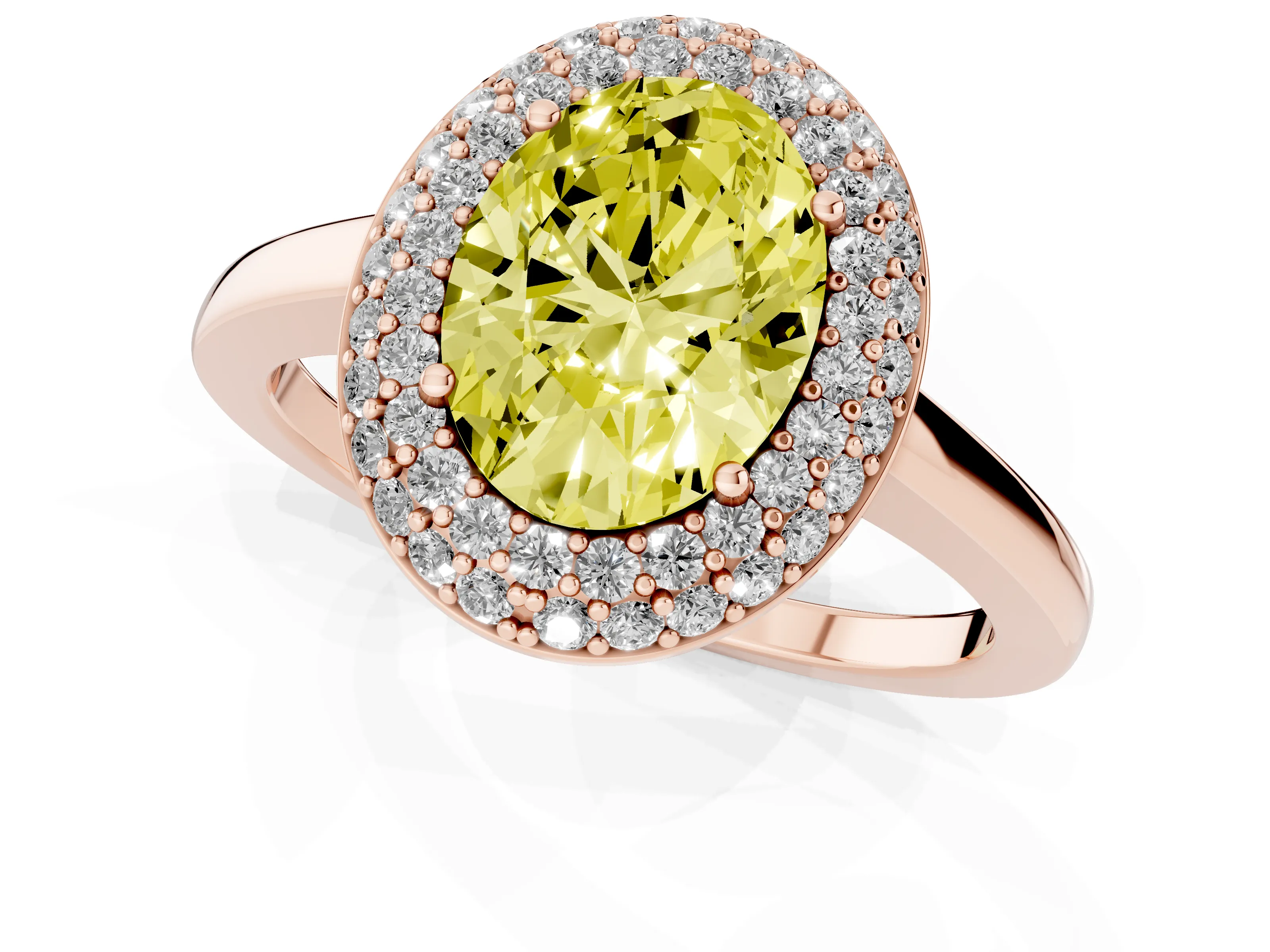 Fancy Yellow Oval Cut Diamond Halo Engagement Ring Set in Rose gold with Solitaire Band and Prong Setting