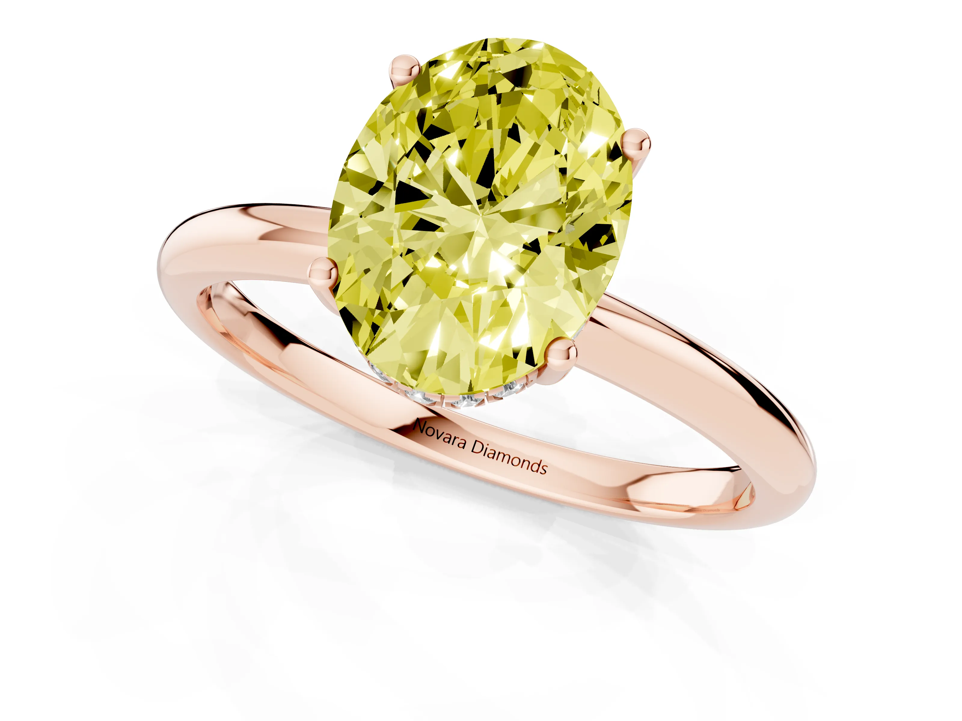 Fancy Yellow Oval Cut Diamond Solitaire Engagement Ring Set in Rose gold with Prong Setting and Polished Band