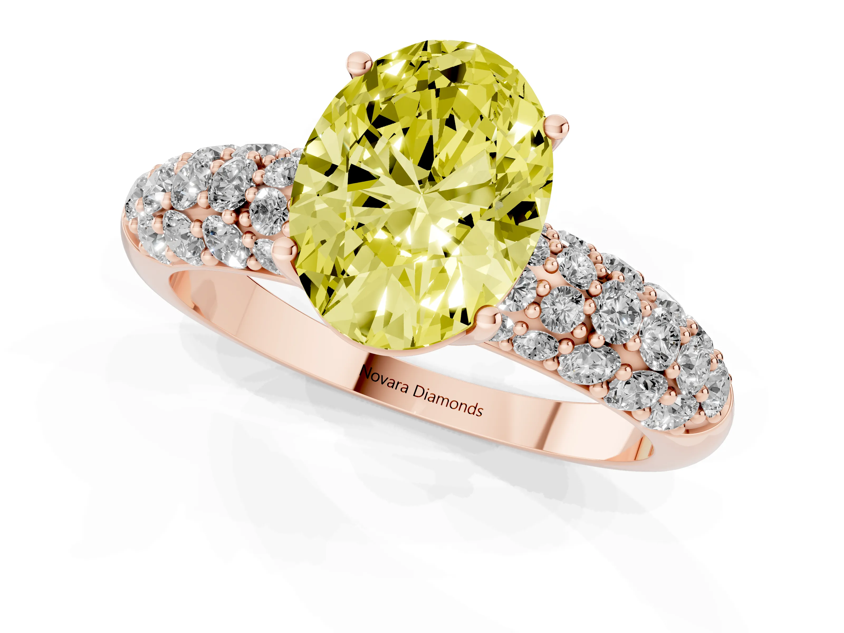 Fancy Yellow Oval Cut Diamond Pavé Band Solitaire Ring Set in Rose gold with Close-Set Accent Stones and Prong Setting